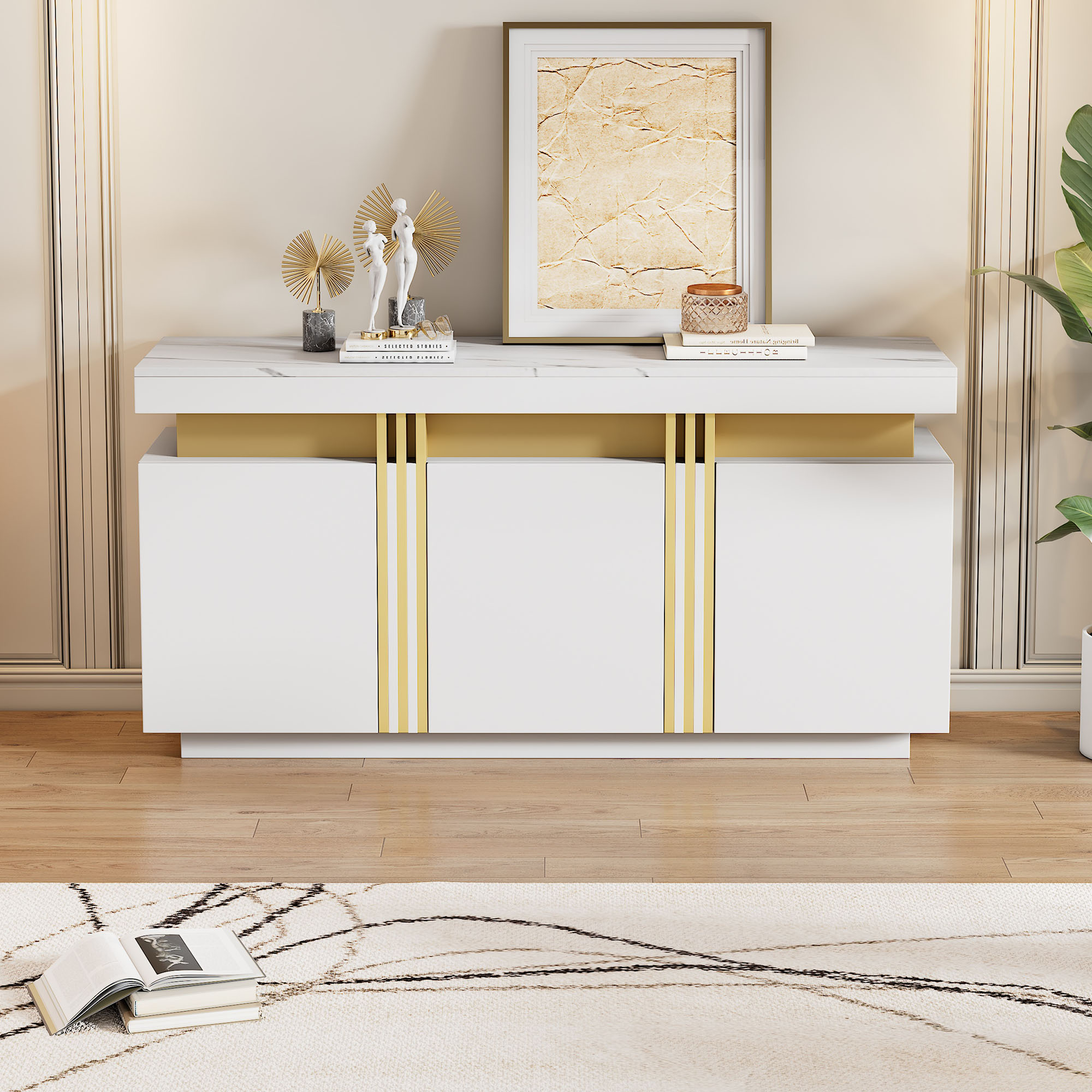 Buffet Blanc 140x38x70 cm, Meuble Rangement Cuisine 3 Portes, Capacité Charge Max 45 kg, Idéal Salon Entrée Bureau