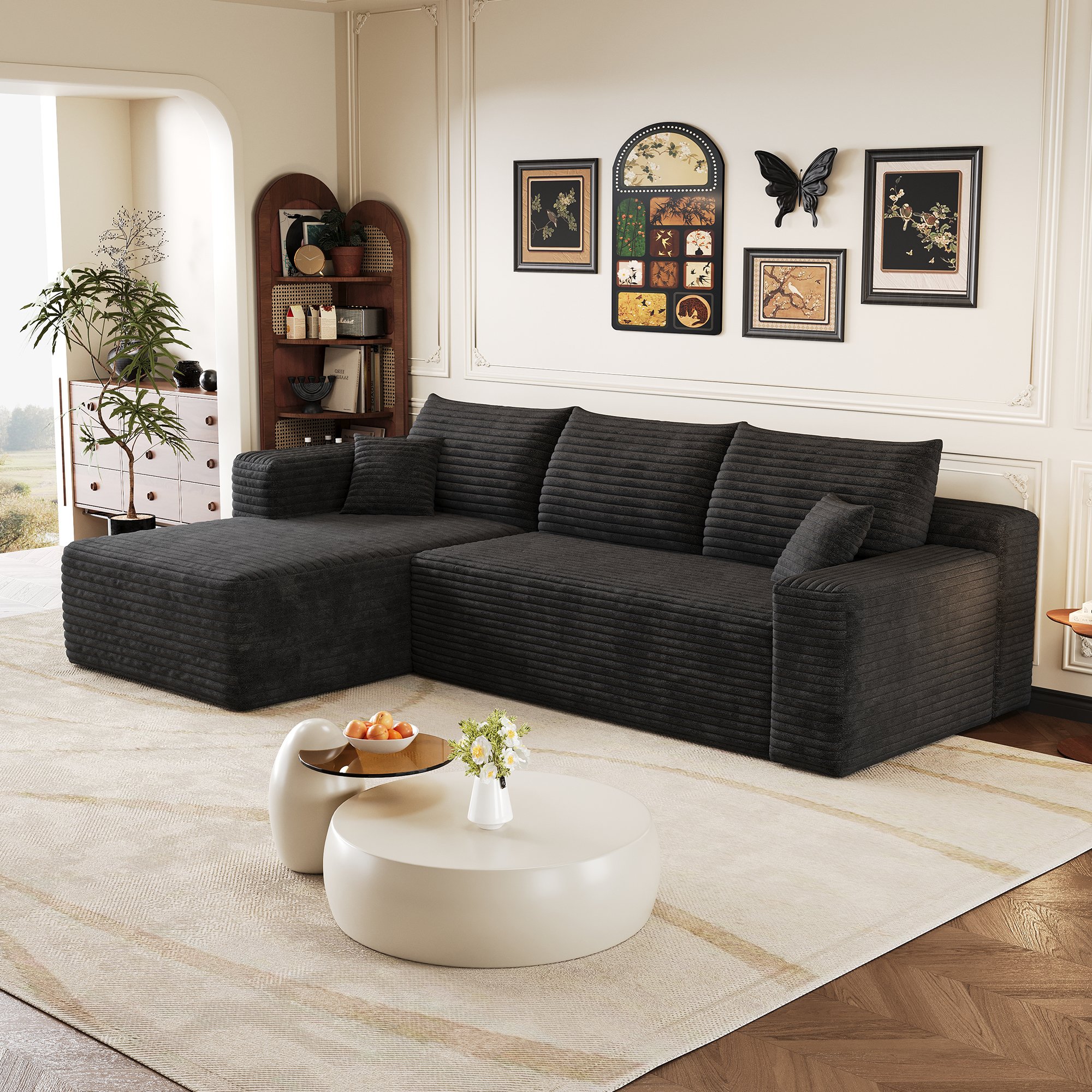 Canapé d'angle noir en tissu côtelé avec rembourrage mousse, structure L-forme de 241x151x58 cm, style nuage moderne pour le salon