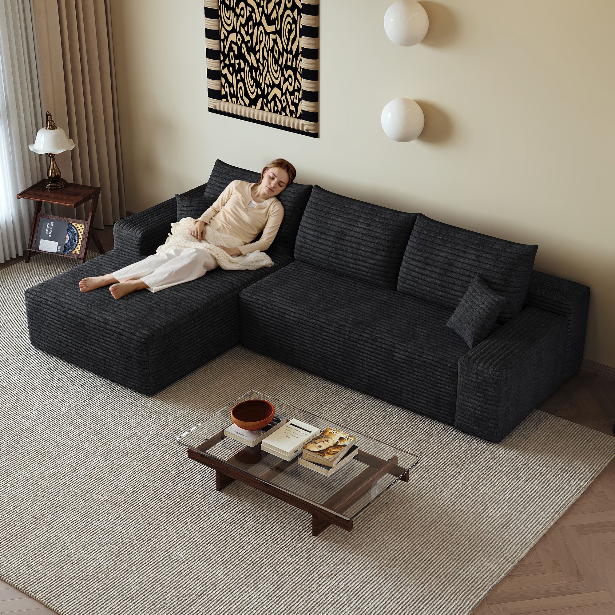 Canapé d'angle noir 270x175cm en tissu côtelé, structure modulaire sans montage, assise profonde pour salon moderne