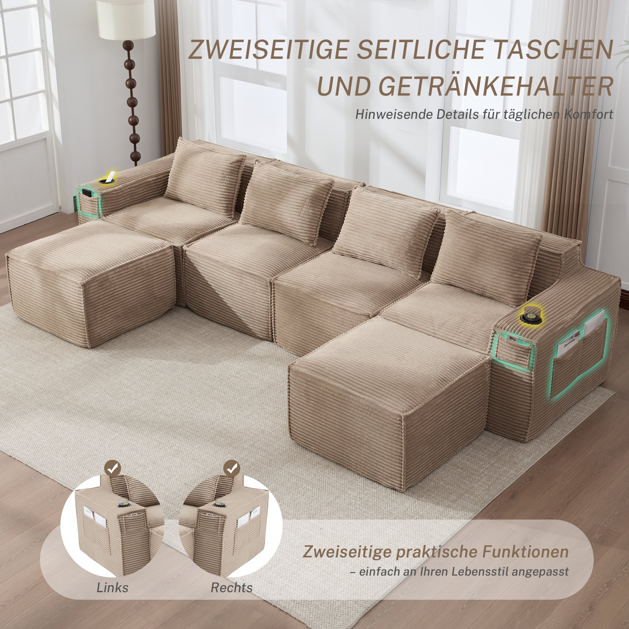 Canapé modulable 4 places en corduroy kaki avec 2 poufs, porte-gobelets intégrés, poches latérales et coussins de soutien lombaire fermes pour le salon