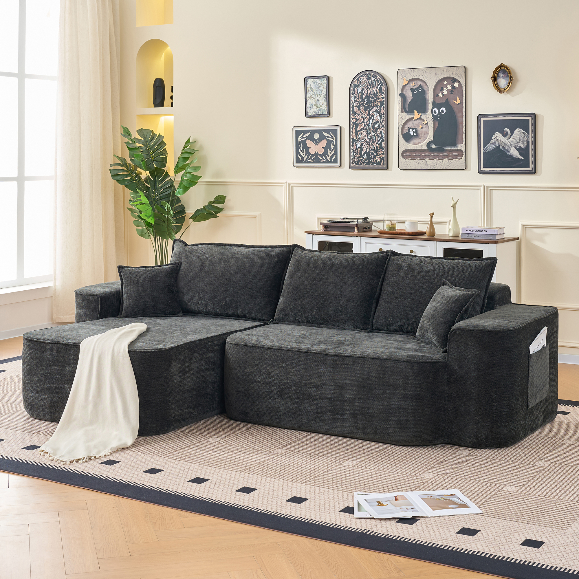 Méridienne Canapé d'angle Noir Modulaire, Confort Profond Tiefsitz, Sans Montage, Salon Moderne