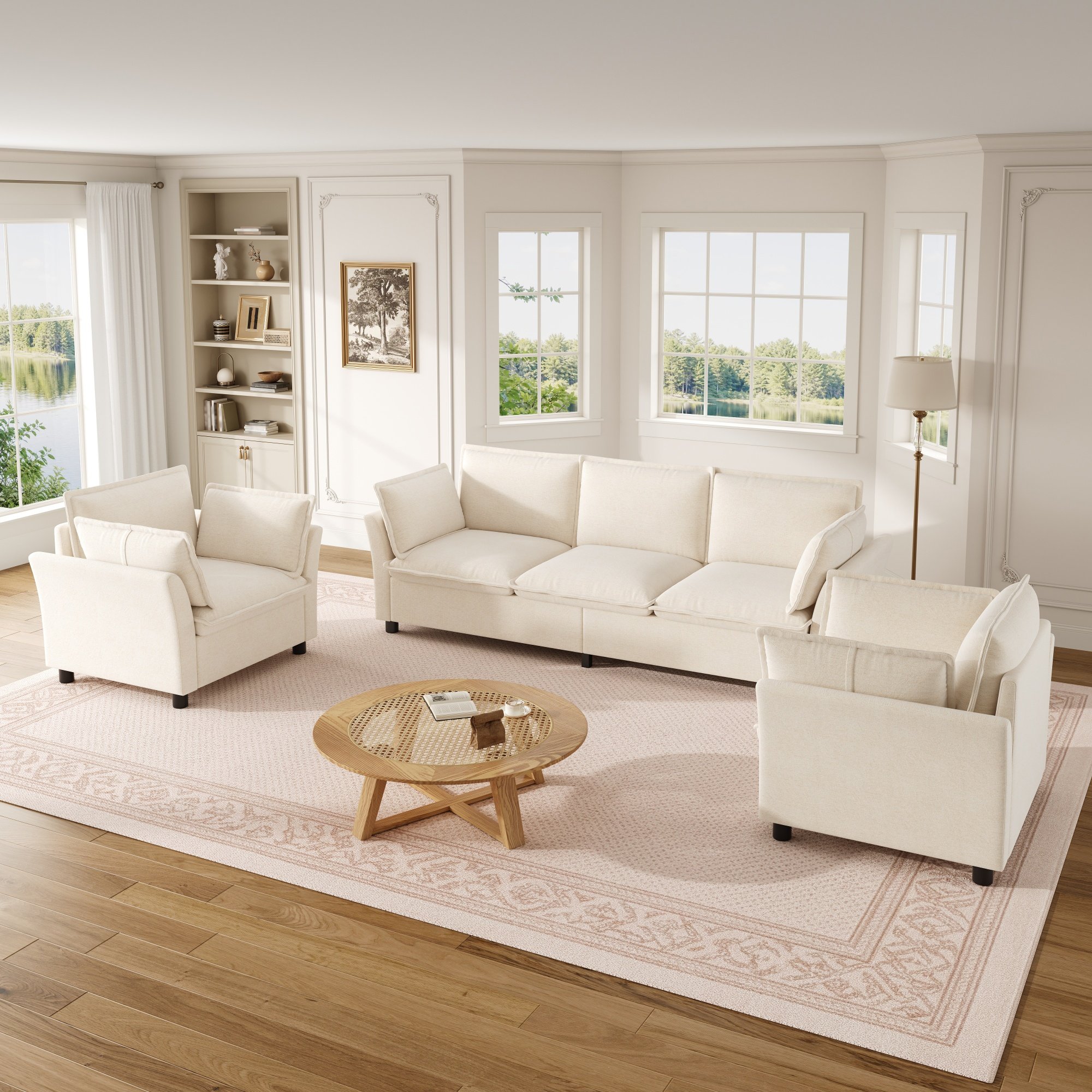 Canapé Modulable 220x87cm et Fauteuils 90x81cm Beige Chenille Capacité 5-6 Personnes Charge Max 500kg Hauteur Assise 45cm Salon