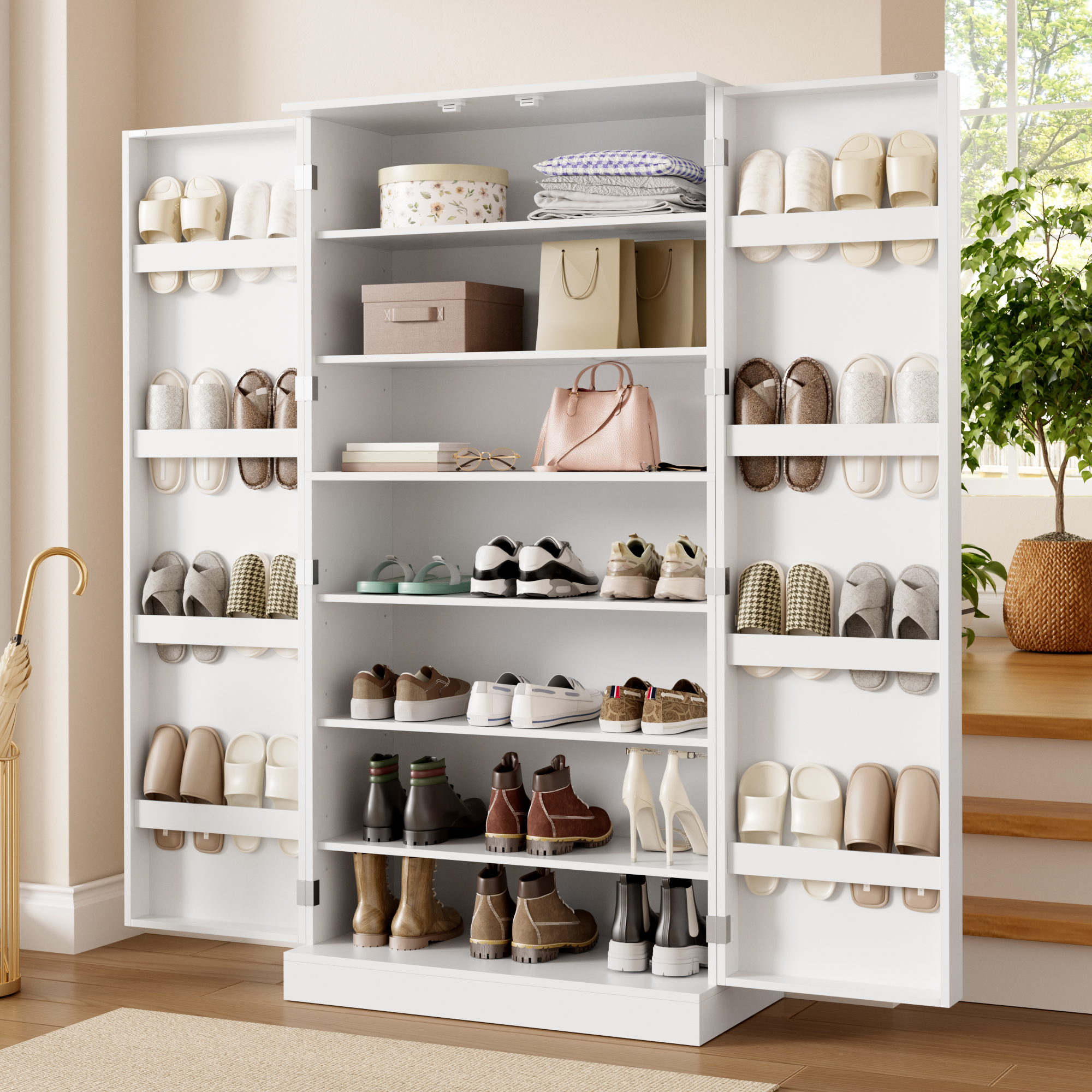 Meuble à chaussures blanc 160x80x40 cm, Armoire haute avec portes et étagères ajustables, Rangement entrée moderne en panneau de particules