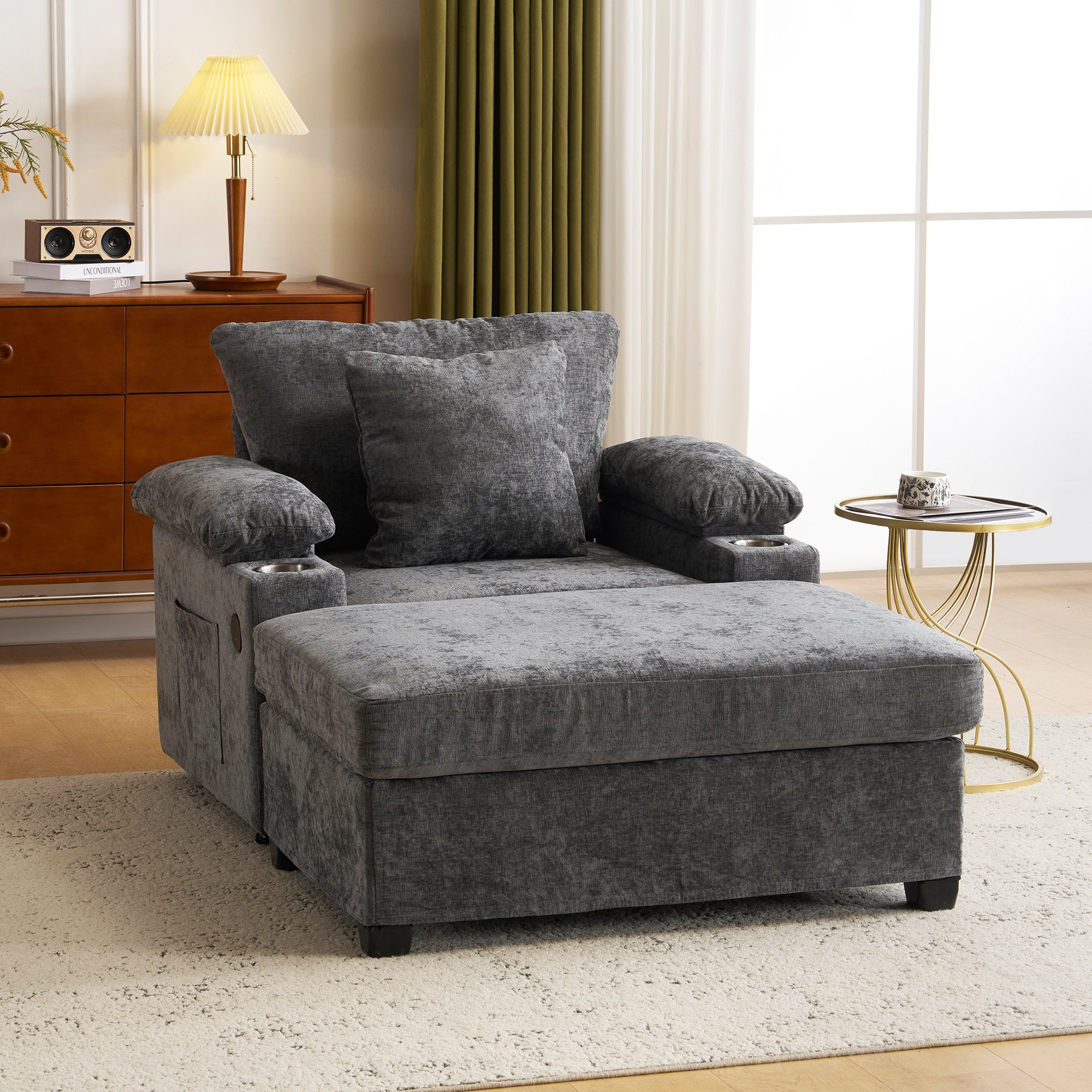 Fauteuil relax Chenille Gris Foncé avec Porte-Gobelet USB, Repose-Pieds Rotatif 90° et Accoudoirs Rangement