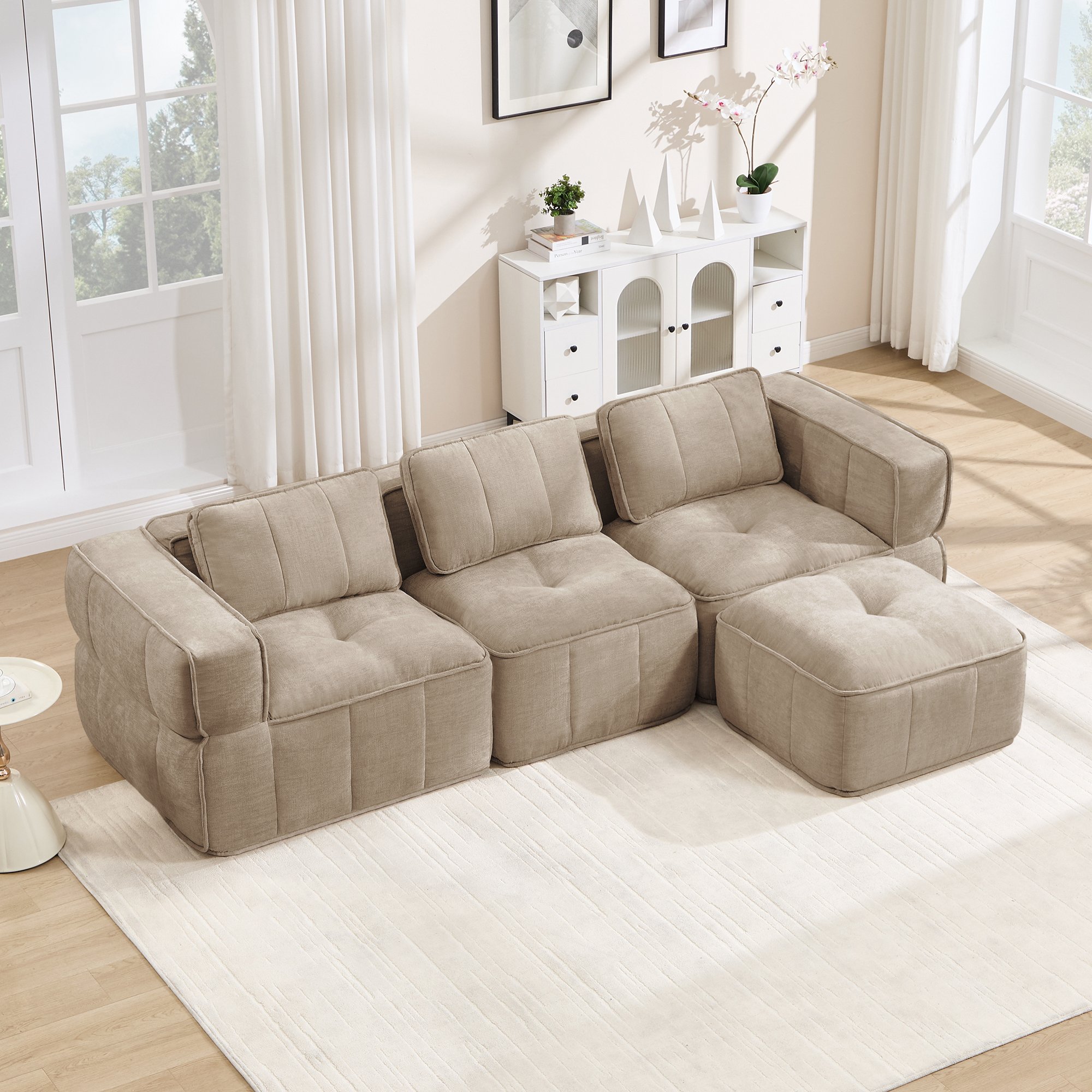 Canapé modulable 3 places en L sans cadre avec pouf, tissu polyester sable, mousse haute densité pour salon moderne