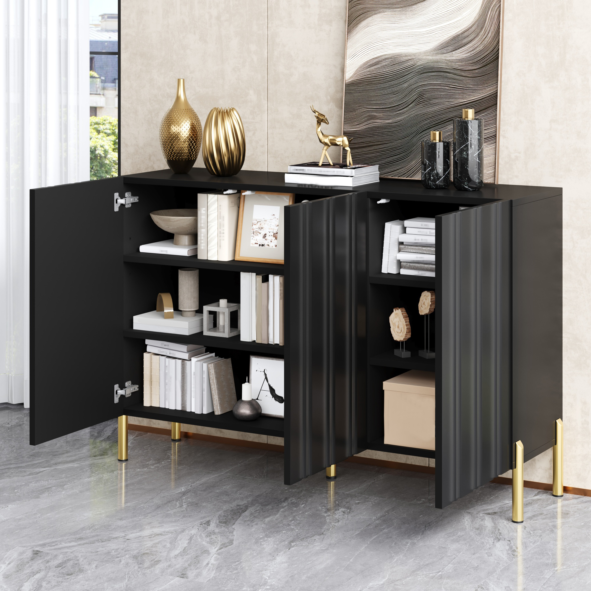 Buffet Noir Moderne 120cm, Meuble Rangement Entrée Design Sans Poignée avec Étagères Réglables et Pieds Dorés