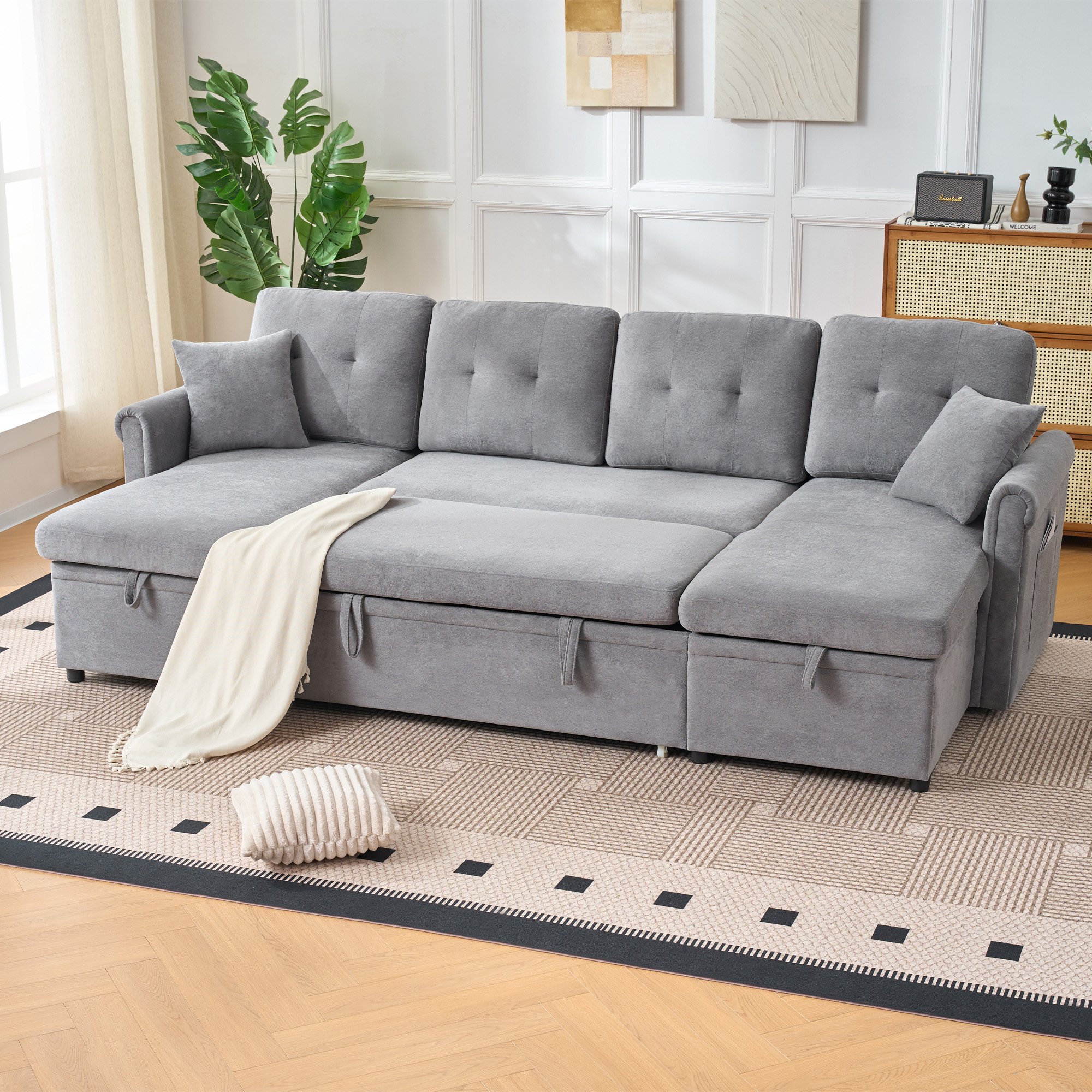 Canapé d'angle convertible U gris en chenille avec coffre de rangement, lit 240x124 cm pour salon ou chambre d'amis, assise profonde 109 cm
