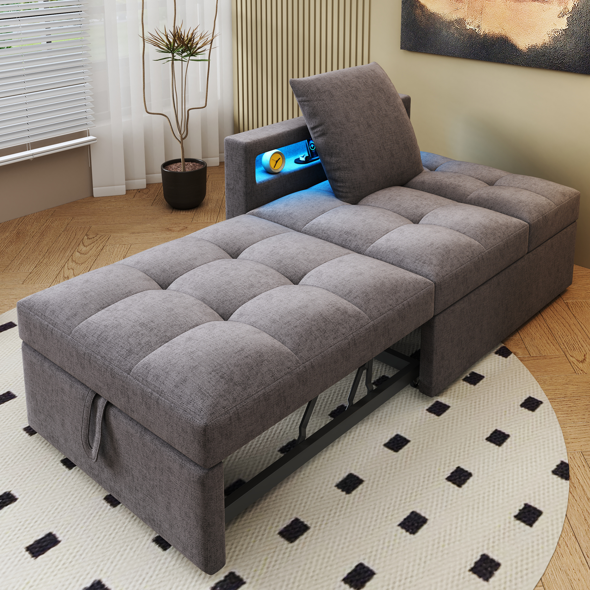 Lit avec rangement rembourré en tissu lin, structure métal, contreplaqué et Panneau composite de fibres de bois à densité, LED et USB intégrés