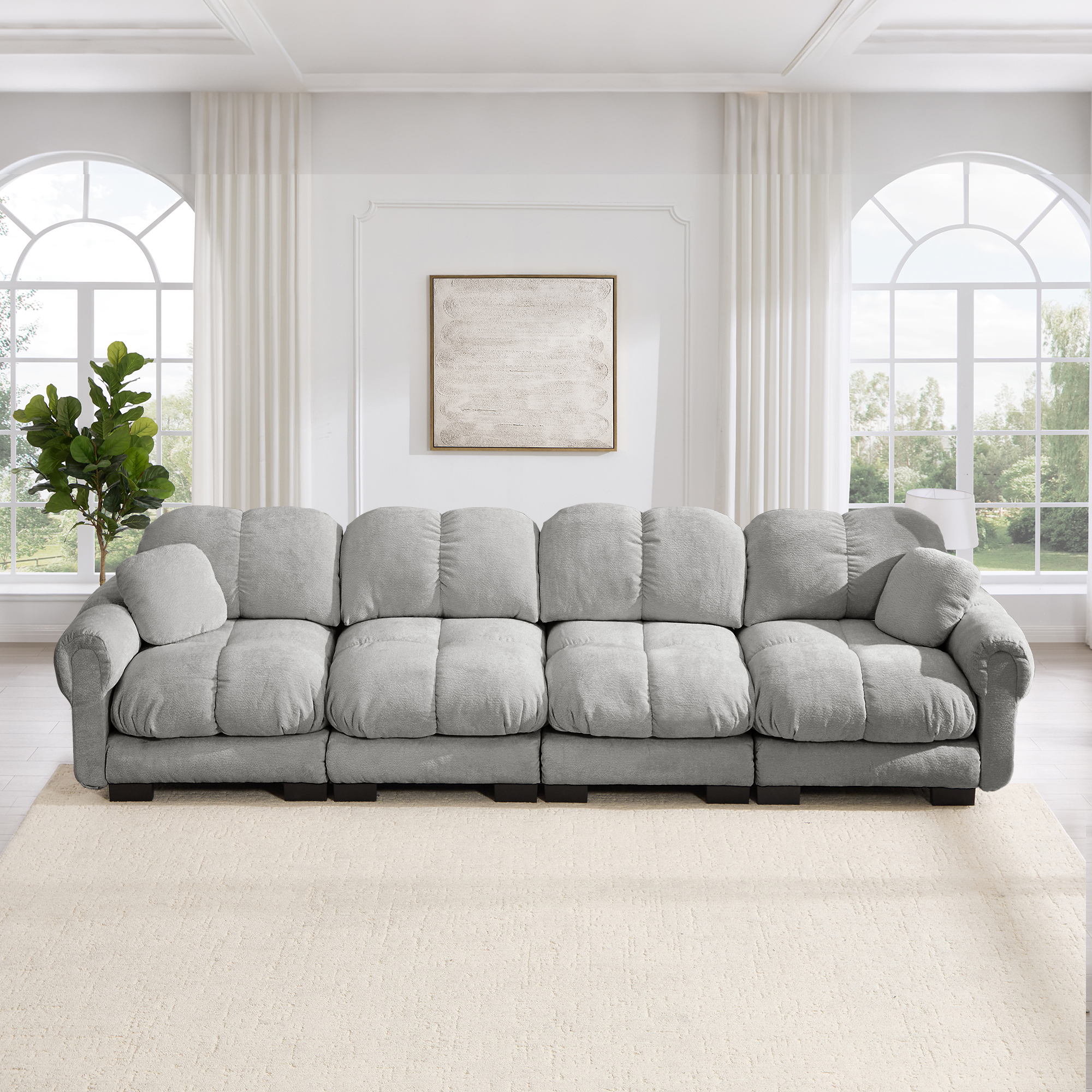 Canapé Modulable Salon Contemporain 330cm Tissu Chenille Gris Clair Coussins Ferme Dossier Ergonomique Livraison 4 Colis
