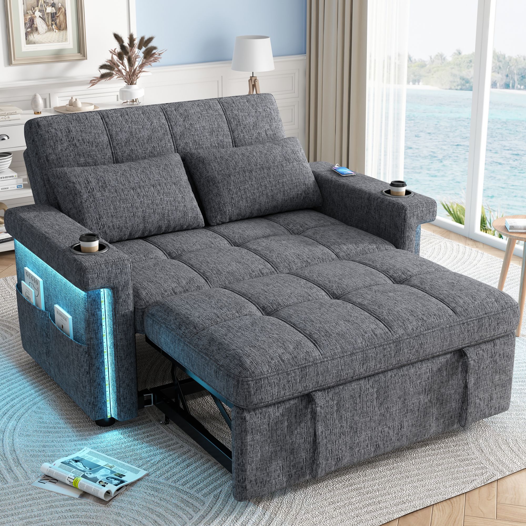 Canapé-lit convertible 2 places en tissu chenille gris avec LED, ports USB Type-C, dossier réglable 3 positions et coussins inclus pour salon moderne