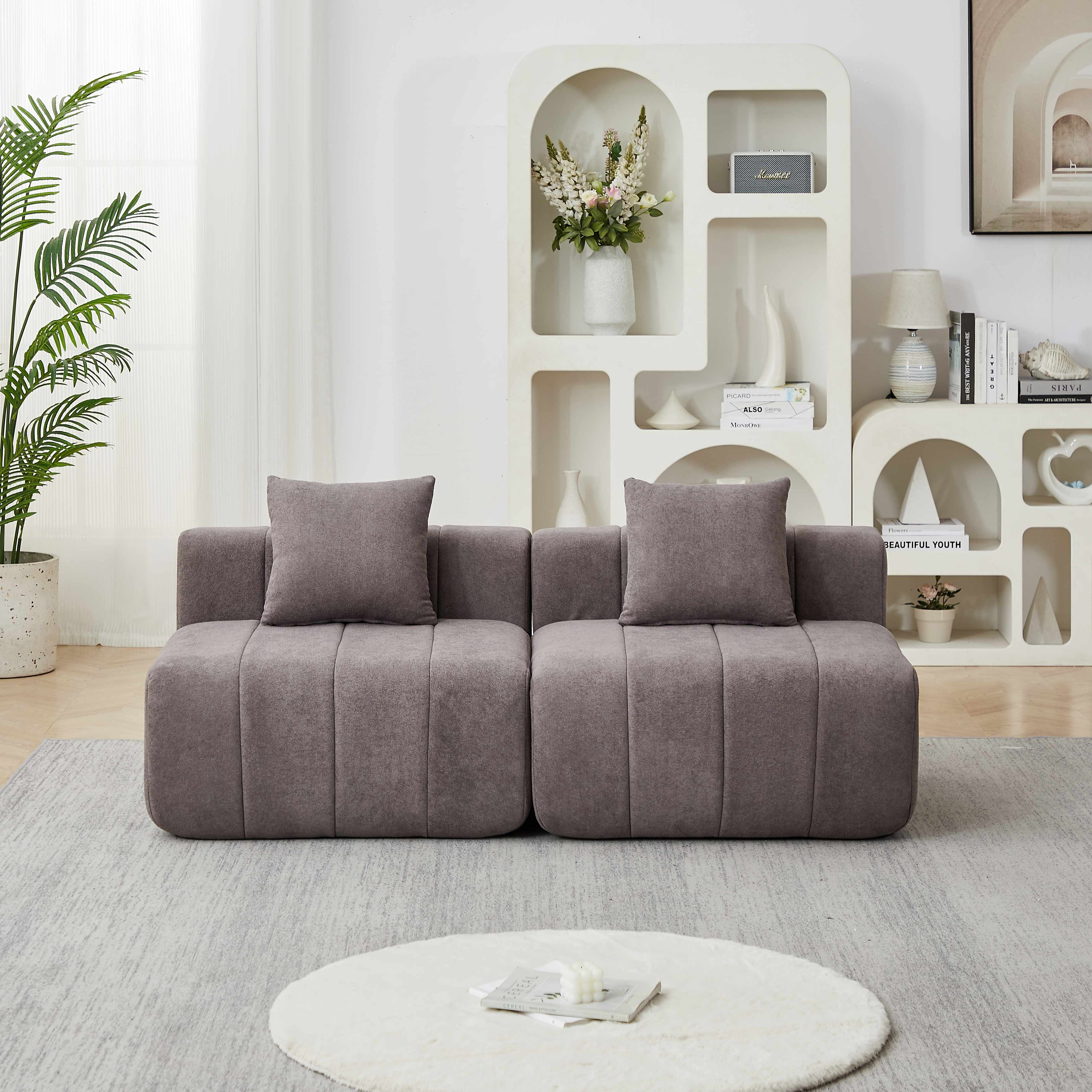 Canapé Modulable Gris en Chenille avec 2 Coussins, Design Touches de Piano, Sans Montage pour Salon Chambre Bureau