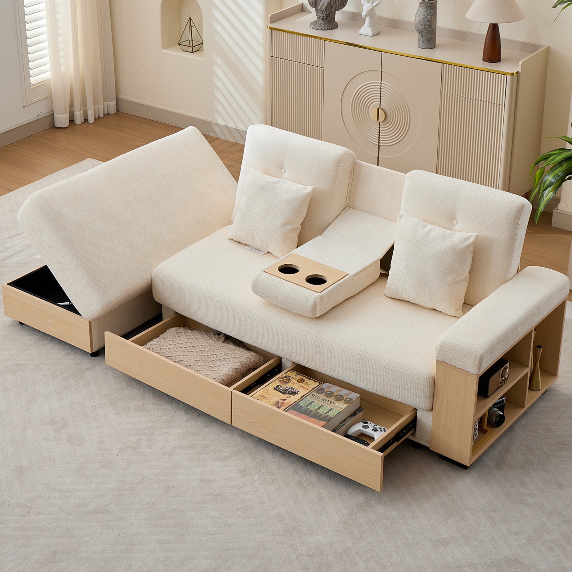 Canapé-lit avec rangement en tissu chenille beige, structure Panneau composite de fibres de bois à densité, dossier réglable 3 positions, tiroirs et pouf, 217x110x90 cm pour salon