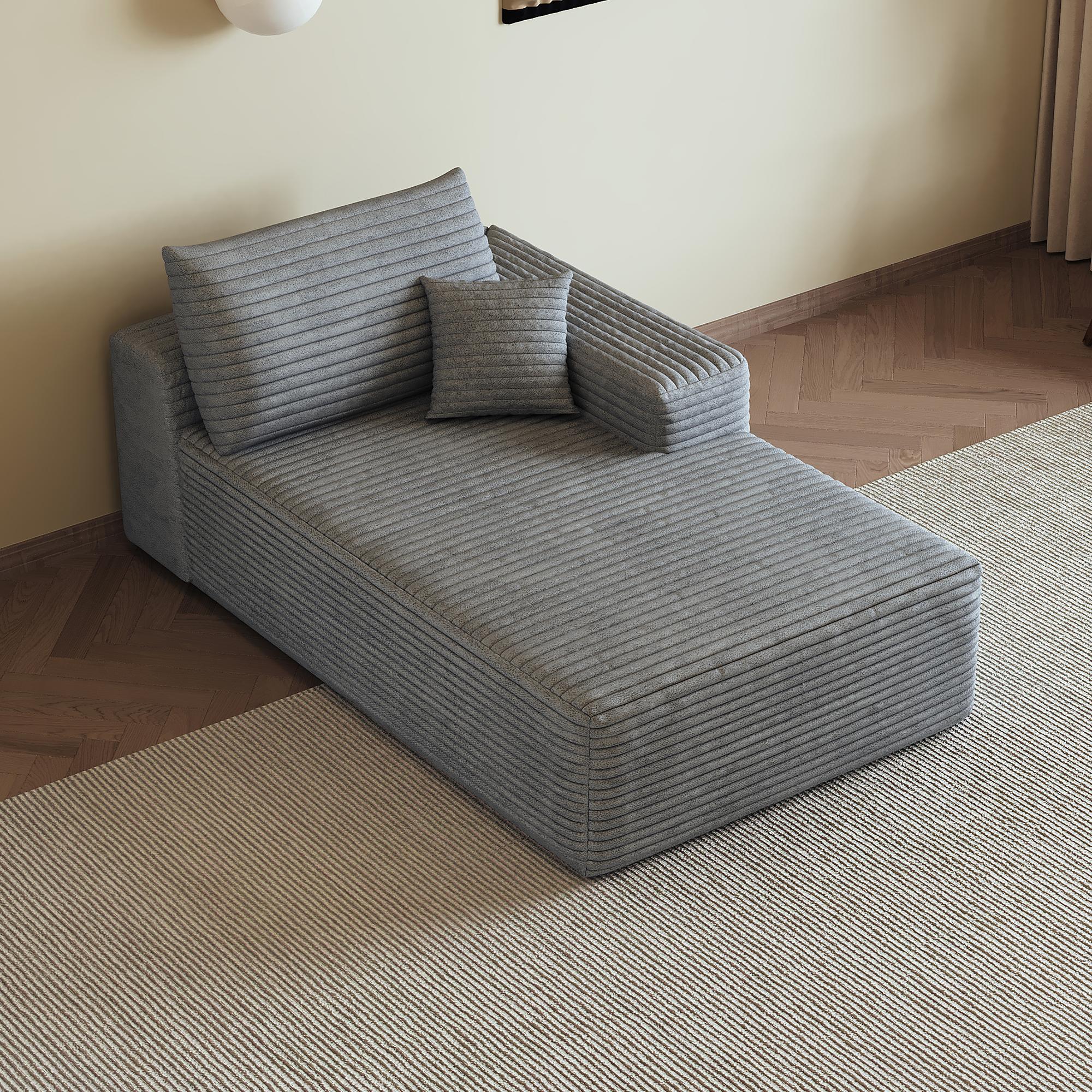Canapé droit gris en velours côtelé avec chaise longue réversible, structure modulaire sans montage, dimensions 175x95x83 cm pour un confort immédiat dans le salon.