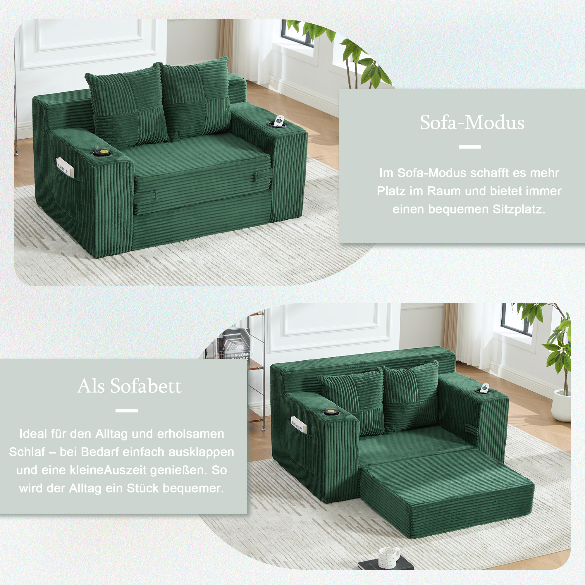 Canapé Droit En Velours Côtelé Vert Émeraude Structure Robuste Capacité 150kg Revêtement Tissu Doux Avec Pieds Décoratifs