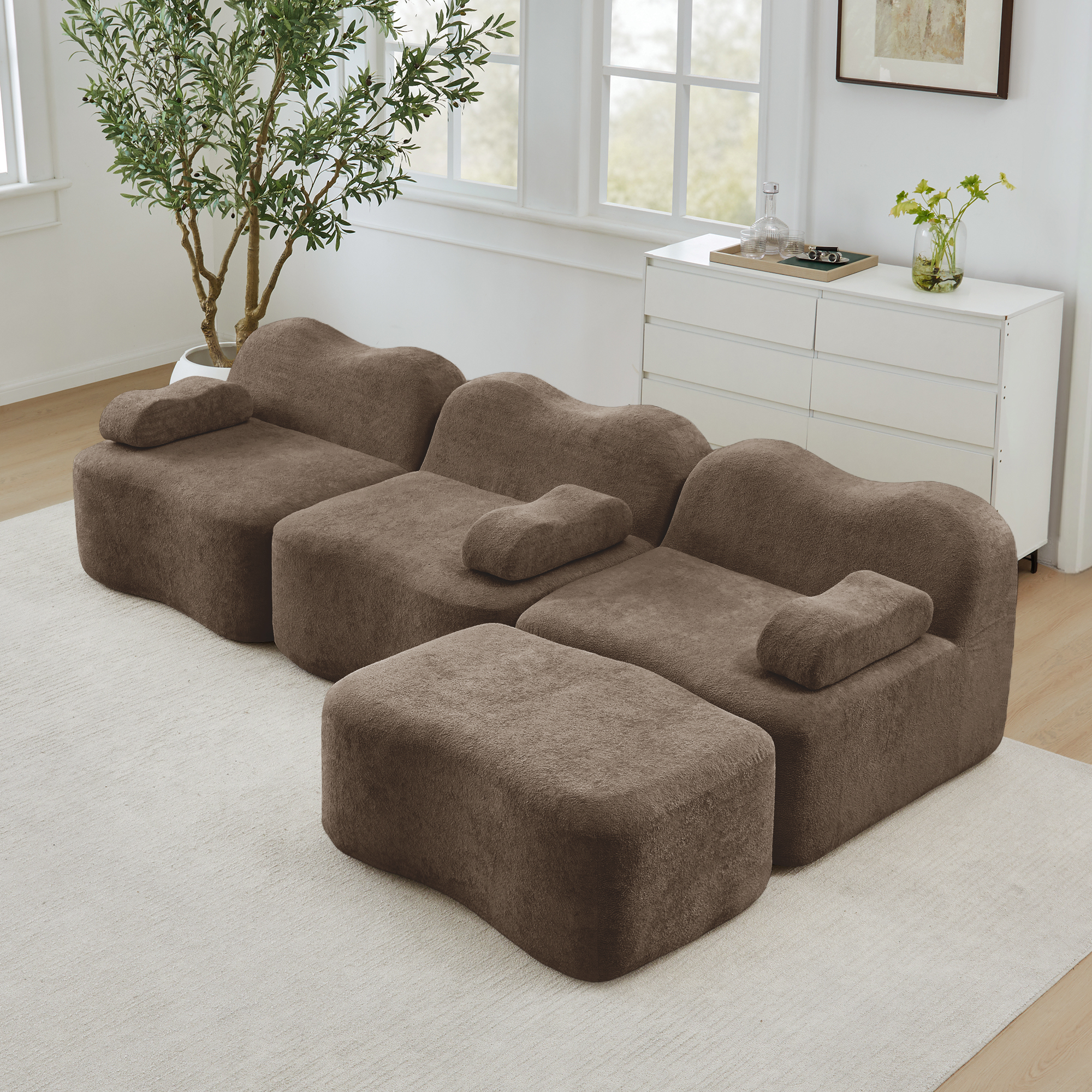 Canapé d'angle modulable 3 places 288x167 cm, structure sans ossature et ottoman intégré pour grand salon