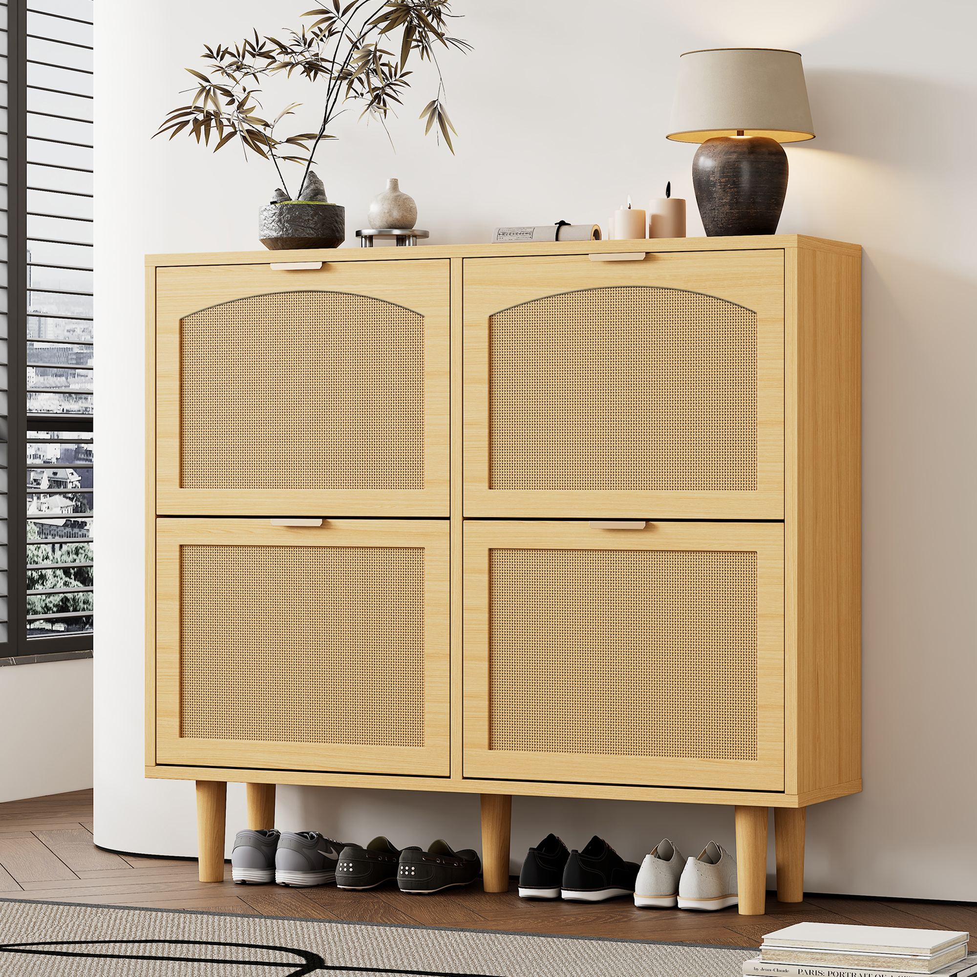 Meuble à chaussures avec portes pliantes, Placard rotin design campagne pour couloir étroit, Rangement chaussures chêne clair