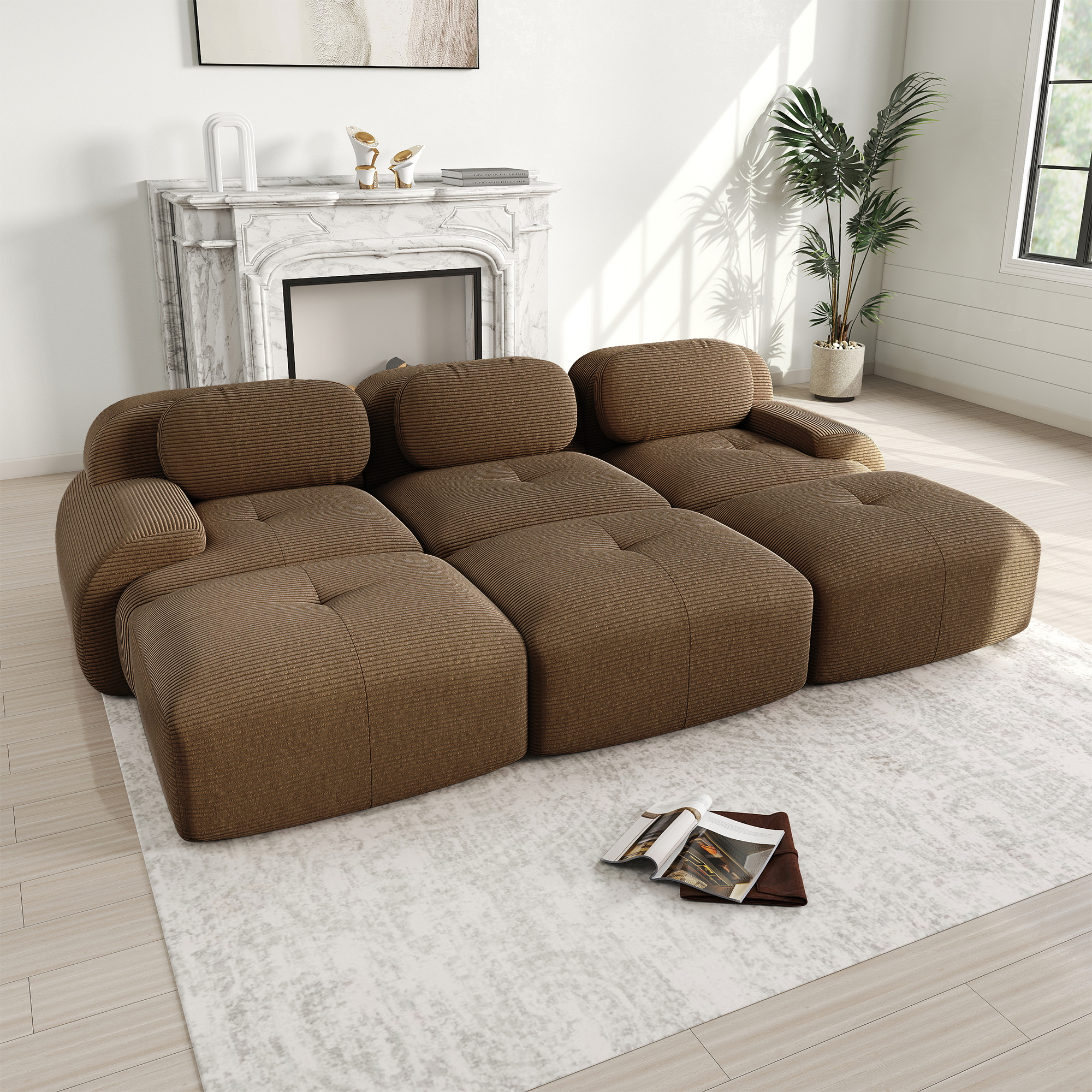 Canapé d'angle modulable 3 places en cordonnet marron, sans montage, pour salon et home cinéma