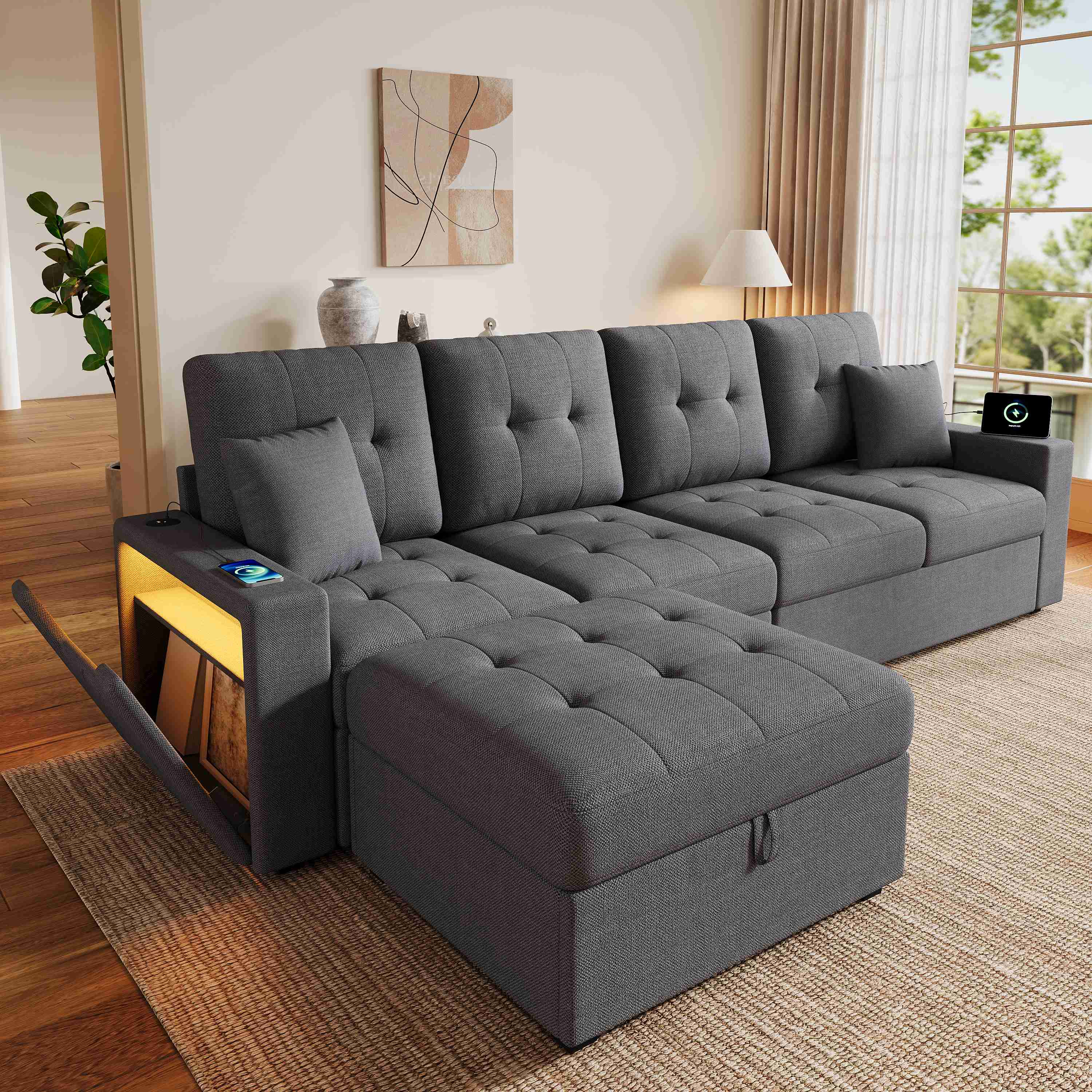 Canapé d'angle gris antique avec pouf de rangement, LED, ports USB Type-C, tissu lin, structure bois massif, 253x144cm