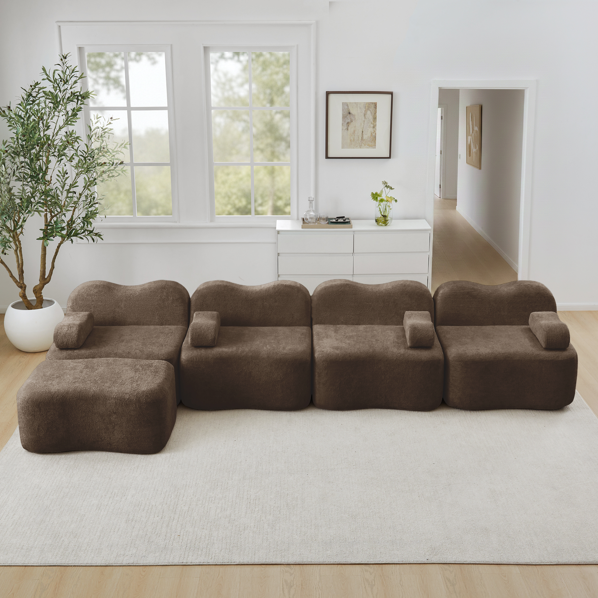 Canapé d'angle modulable 4 places avec coffres de rangement intégrés et ottoman, structure sans dossier pour salon moderne