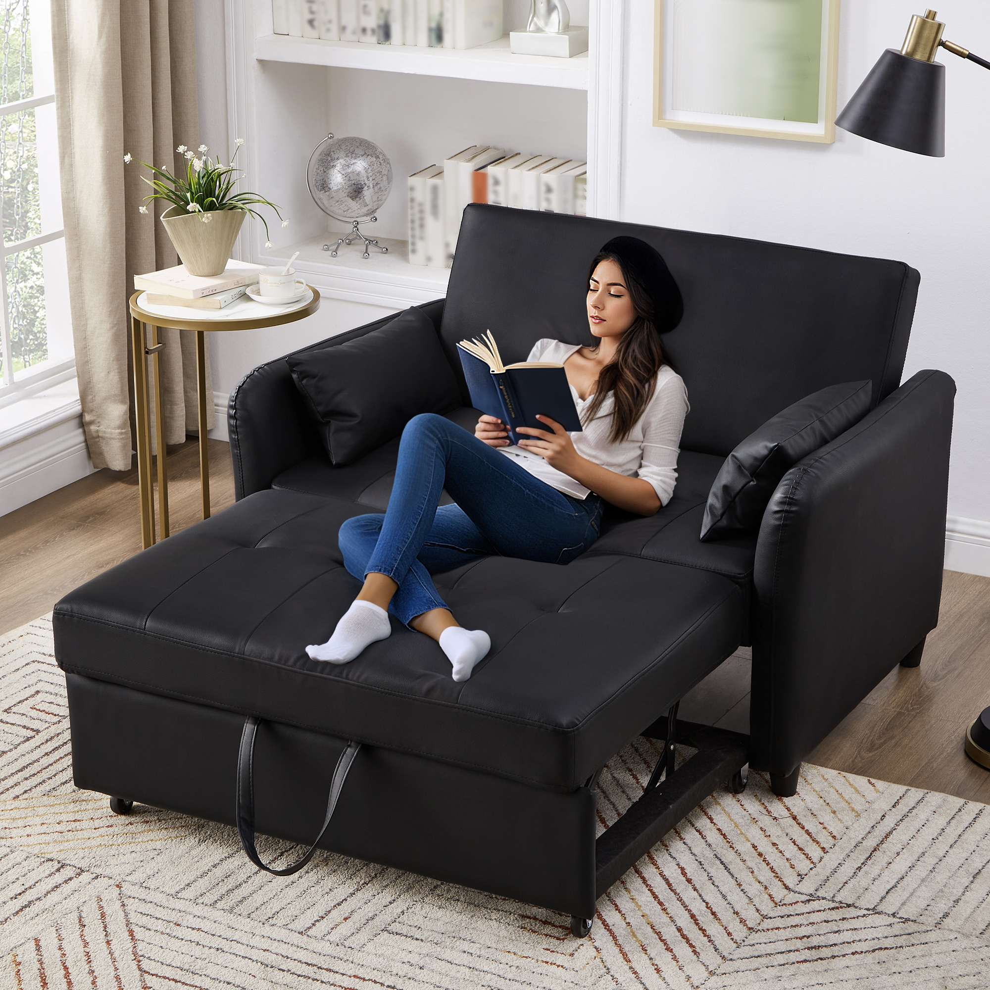 Canapé Convertible 2 Places avec Coffre de Rangement Intégré Dossier 3 Positions Matériaux PU Imperméable Noir