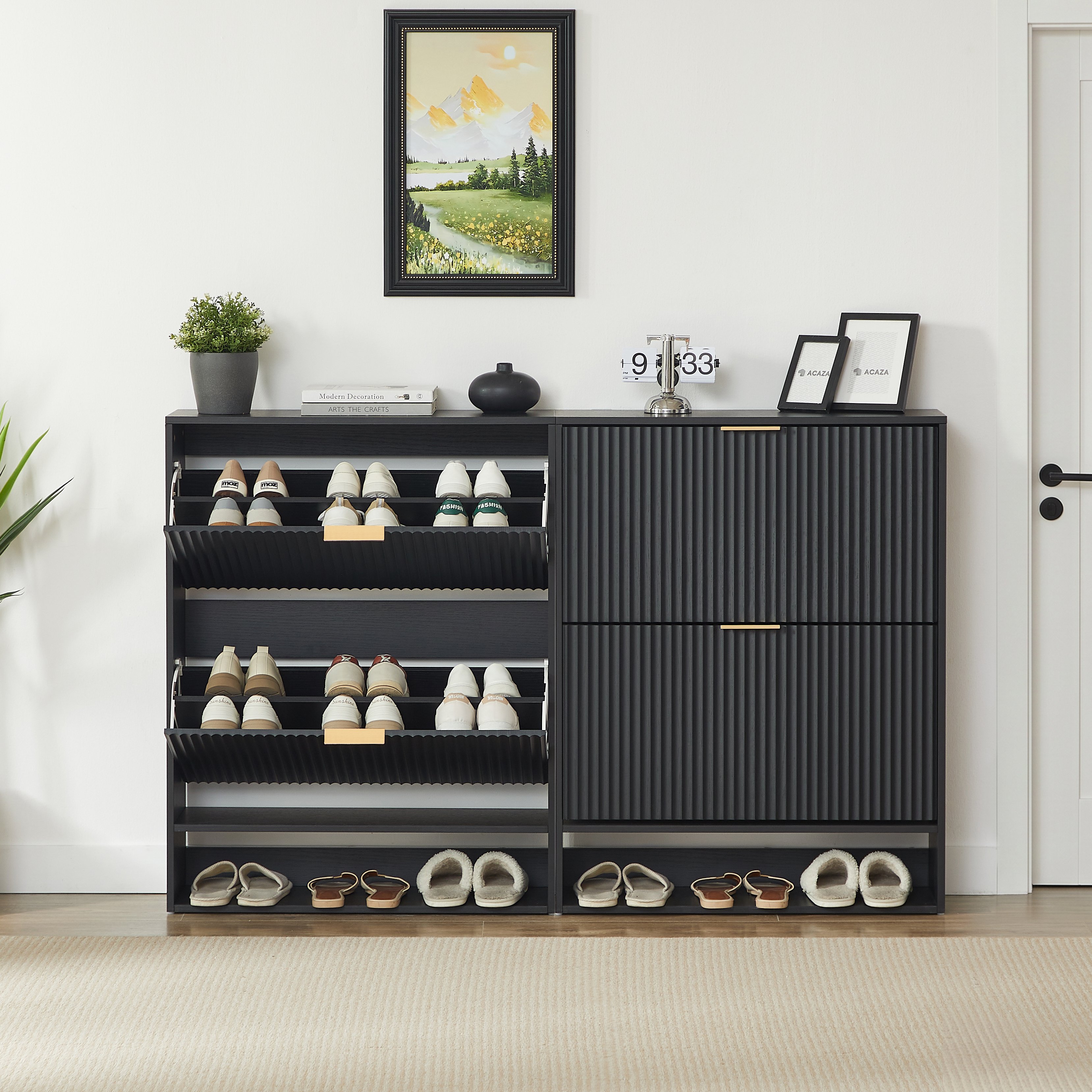Meuble à chaussures 80x24x102 cm Noir, Placard Entrée Panneau composite de fibres de bois à densité avec Porte Abattante et Surface Déco