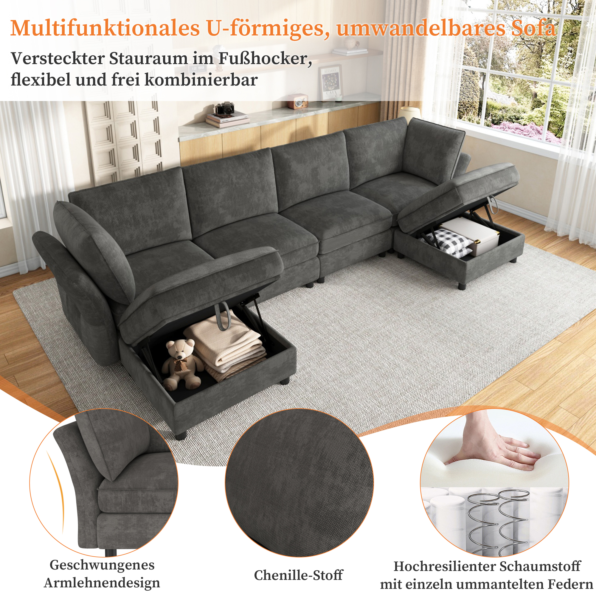 Canapé d'angle 6 places modulable avec coffre et configuration U ou L réversible pour salon ou chambre