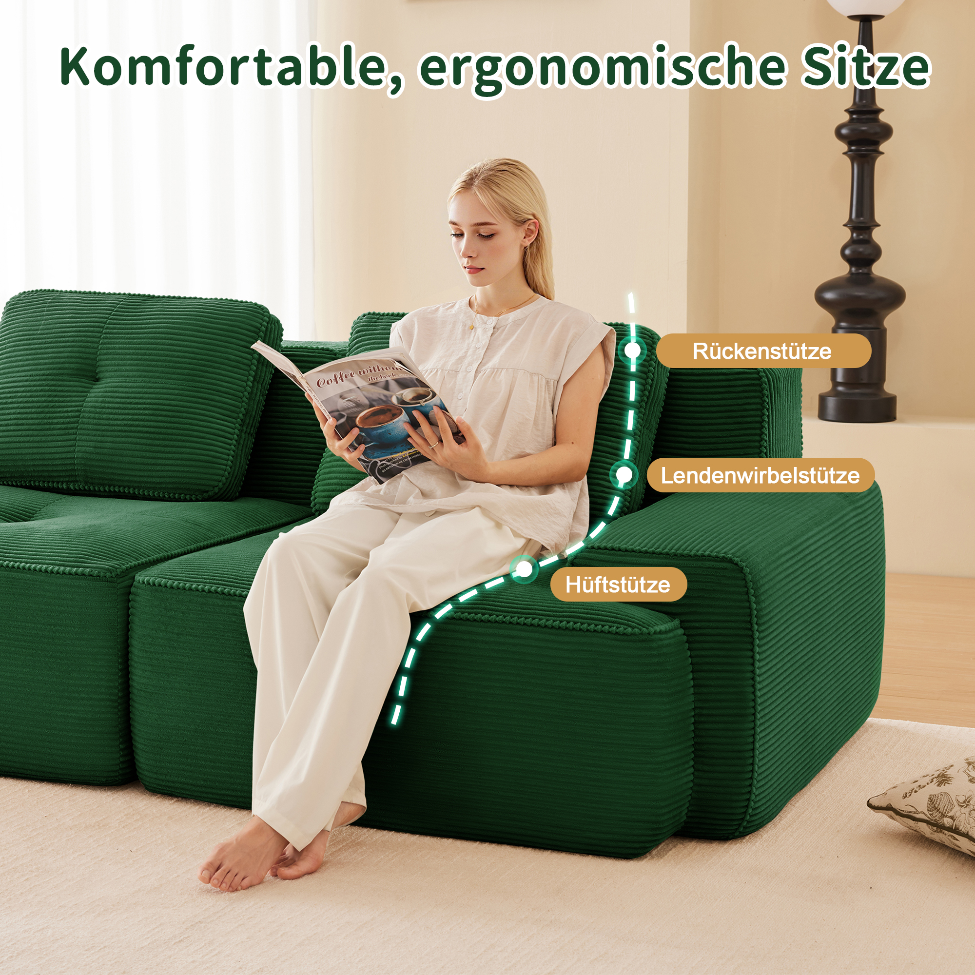 Méridienne Modulable Canapé d'Angle En U 4 Places Tissu Velours Côtelé Vert Profond Sans Dossier Bas