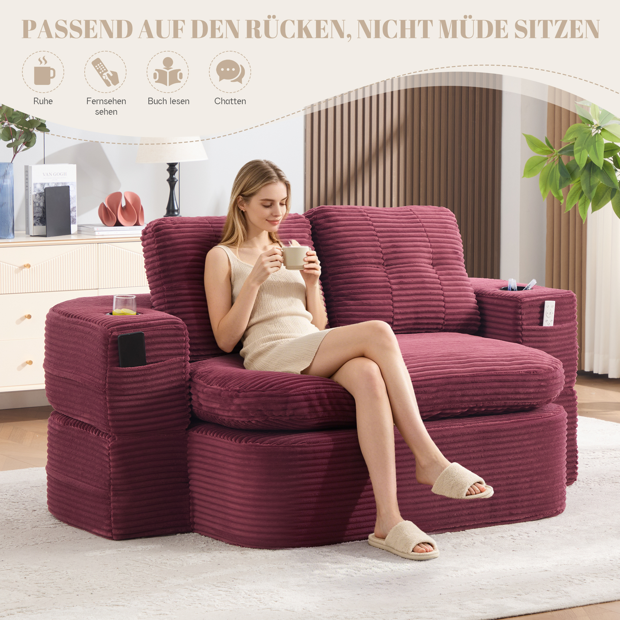 Canapé 2 places en velours côtelé bordeaux avec assise extra profonde, dossier haut et rangement latéral