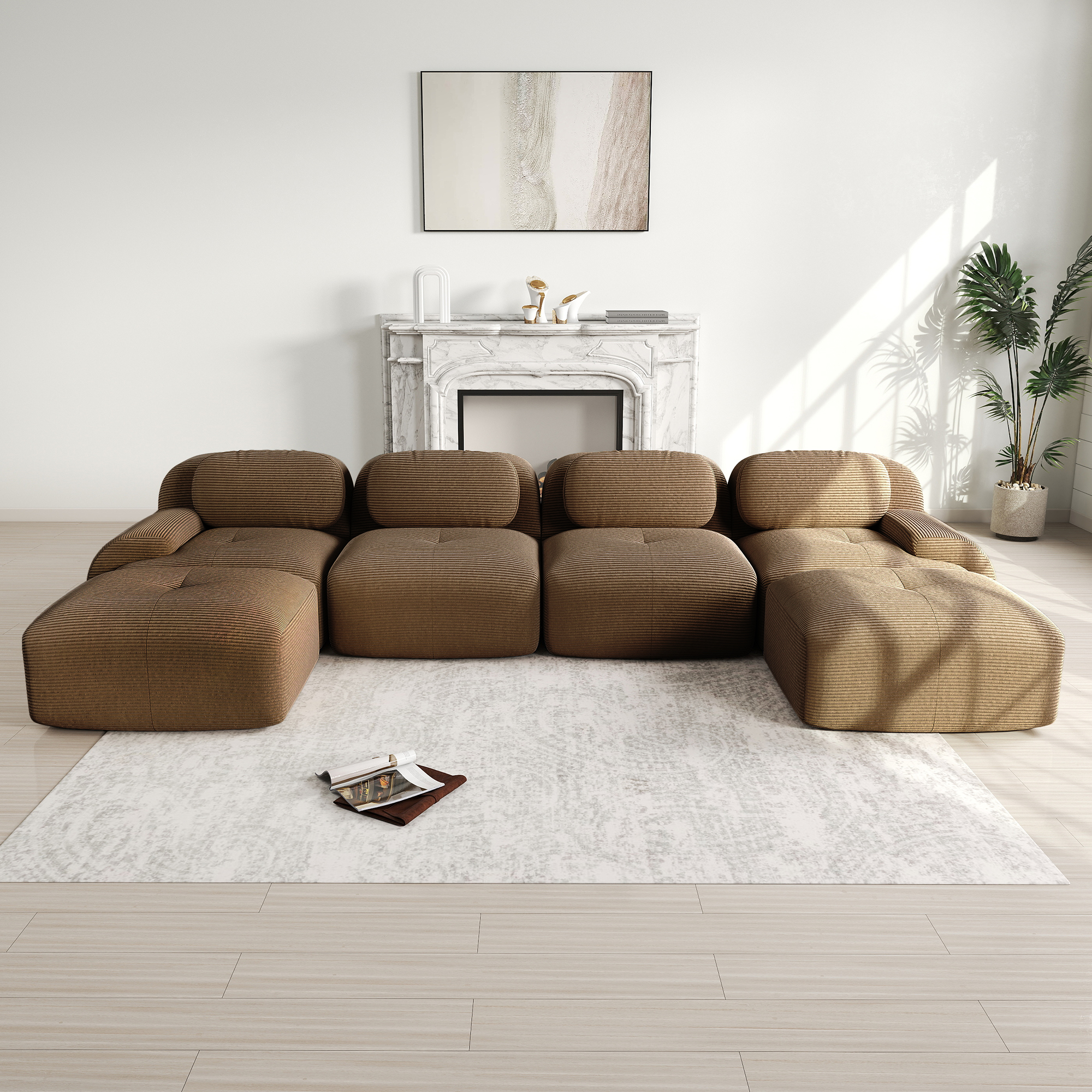 Canapé d'angle modulable sans montage en velours côtelé marron, ergonomique et haustierfreundlich