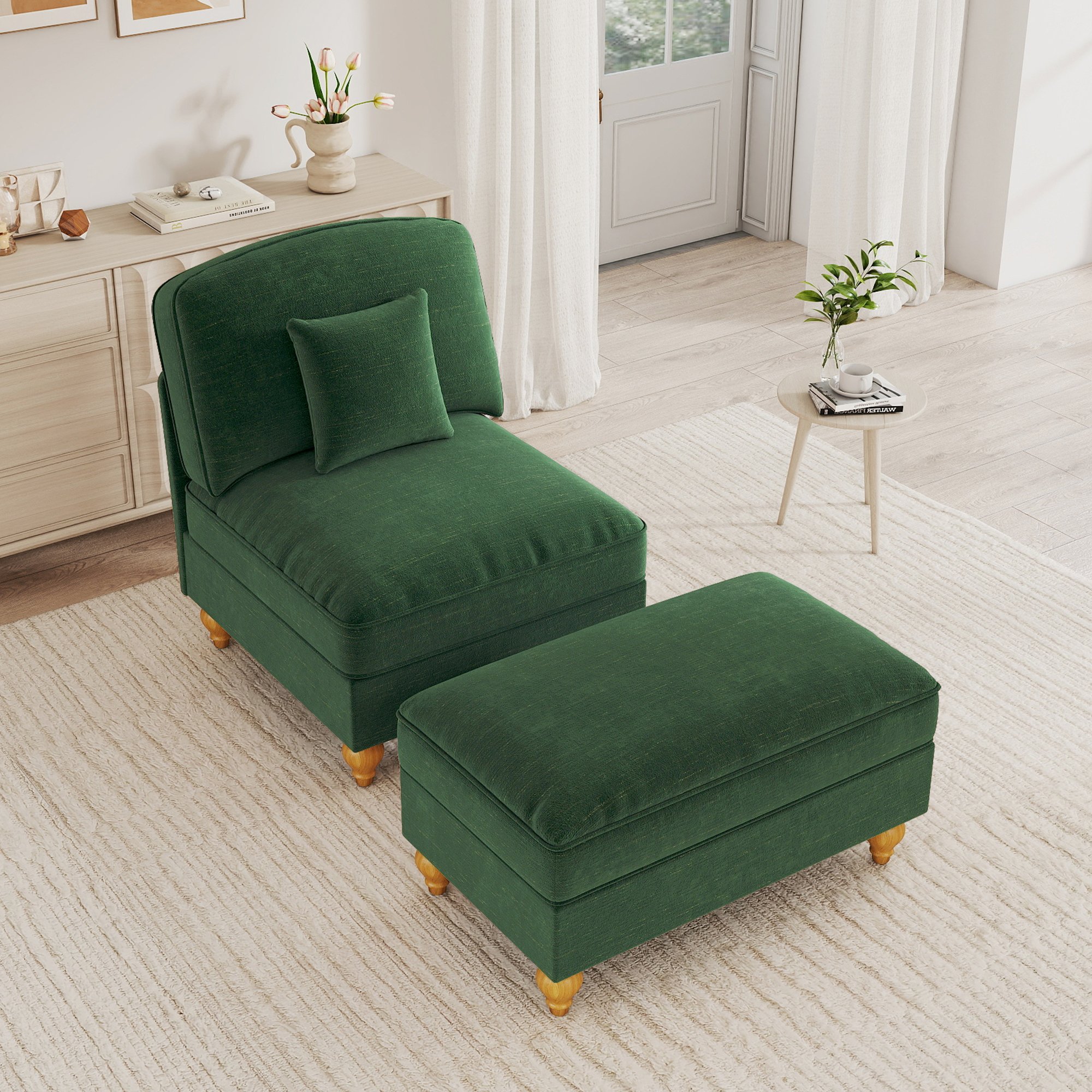 Fauteuil Lounge Vert en Chenille avec Pouf Amovible, Jupe à Volants Retirable pour Style Nuage ou Mid-Century, Confort Profond