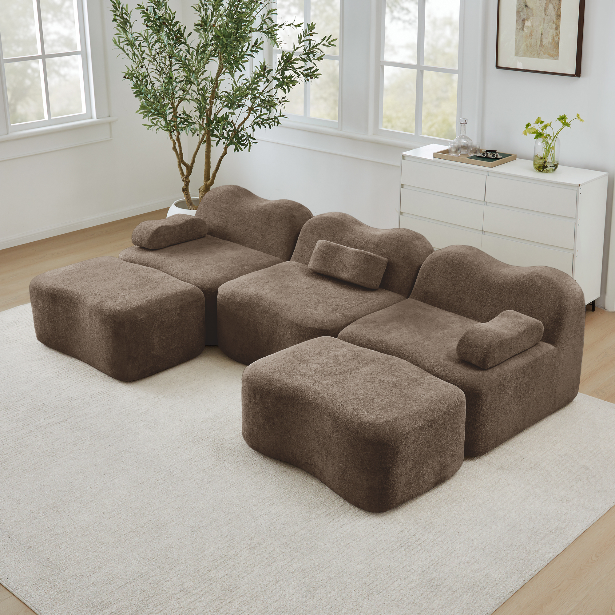 Canapé Modulable 3 Places Sans Cadre, Design Panoramique Profond Avec Accoudoirs Mobiles Et Ottomans Pour Salon Moderne