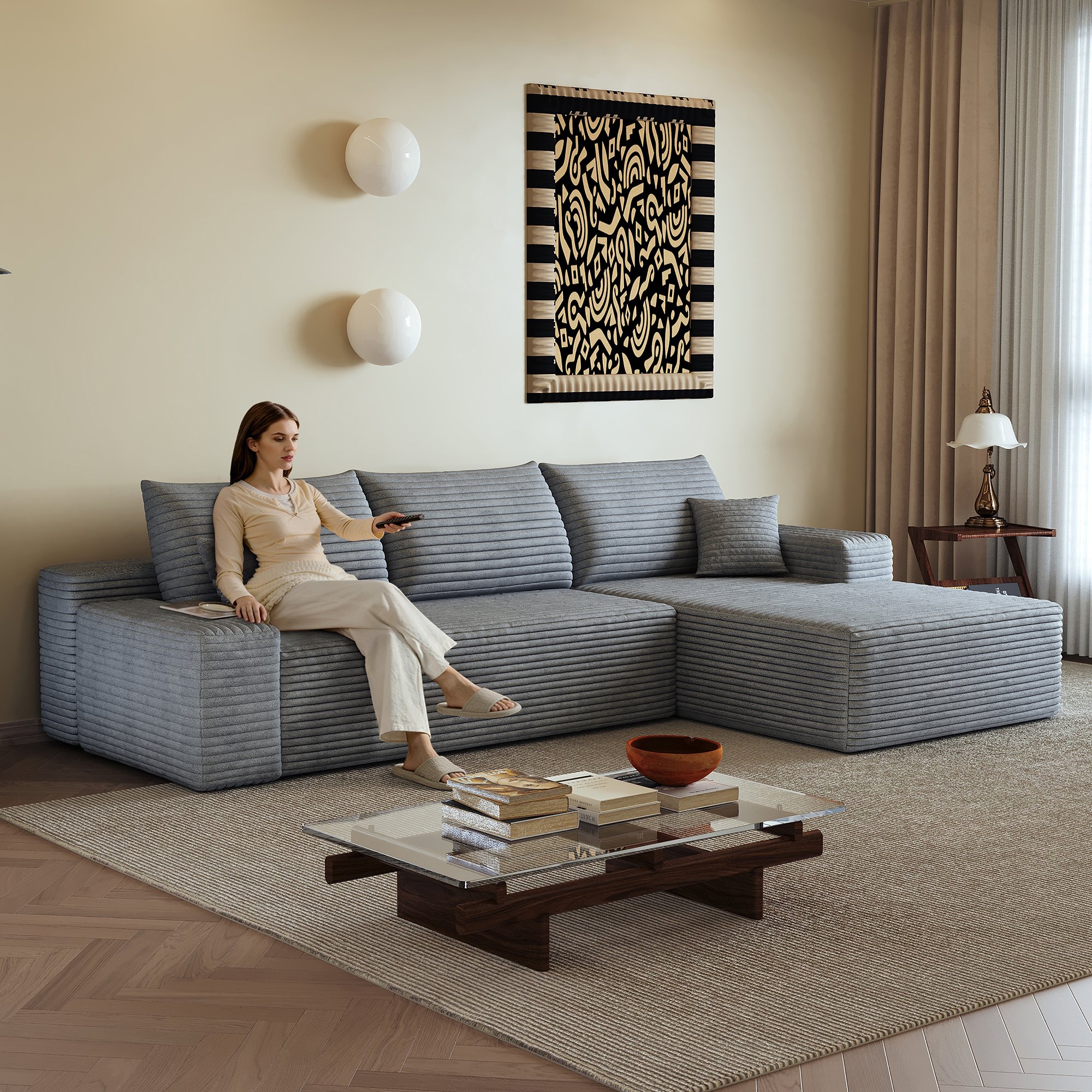 Grand canapé d'angle 270x175x83cm, format L avec méridienne, poids 51,6kg, idéal pour les grands salons ou chambres spacieuses