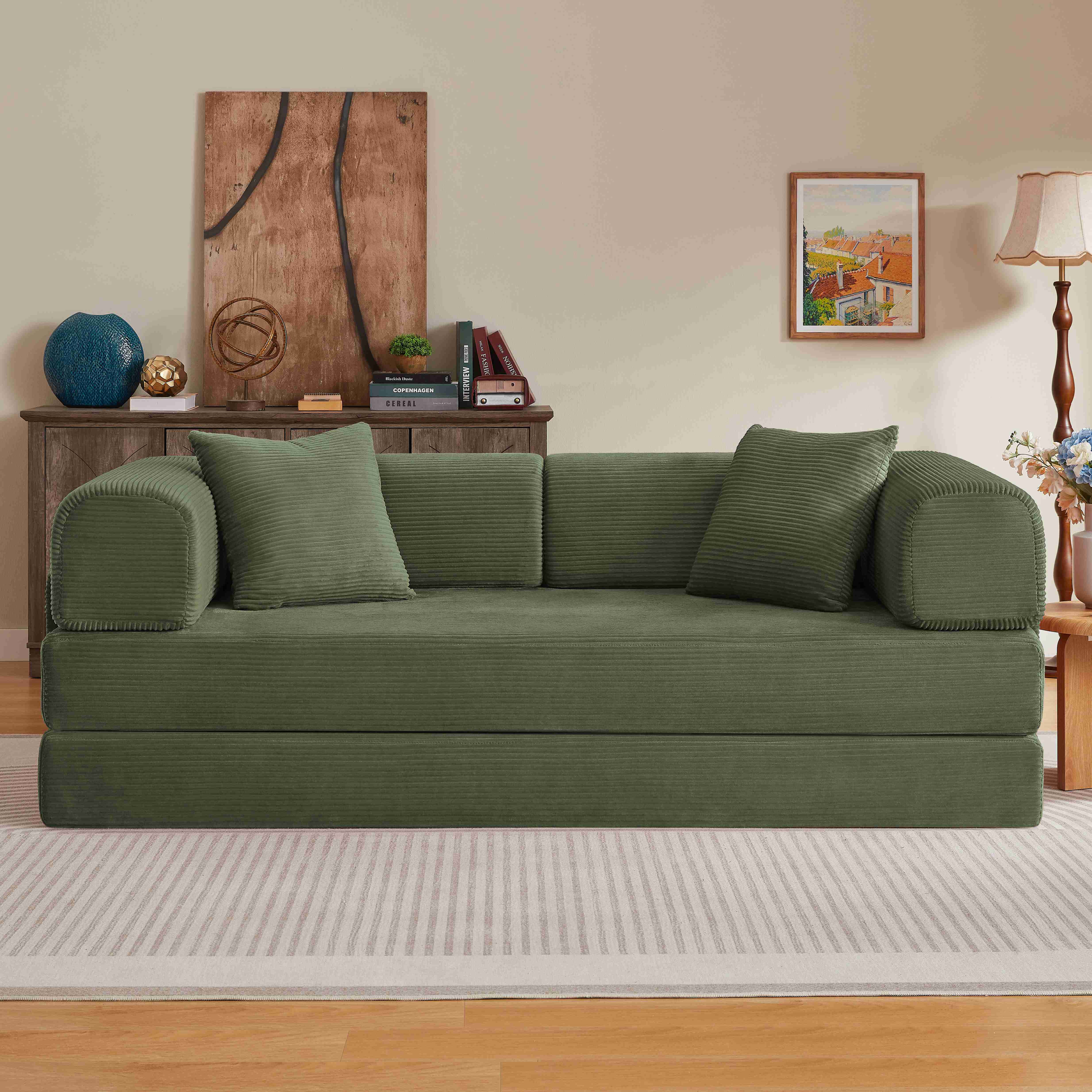 Canapé-lit sans dossier style tatami vert en tissu côtelé avec structure acier chromé et 2 coussins inclus pour salon ou chambre