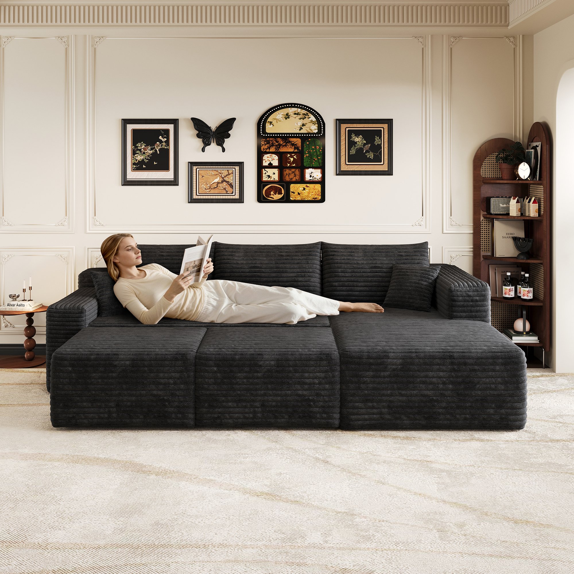 Canapé d'angle noir 241x151x58 cm, assise profonde avec coin, tissu corduroy rayé, poids 46,1 kg, installation immédiate sans outils
