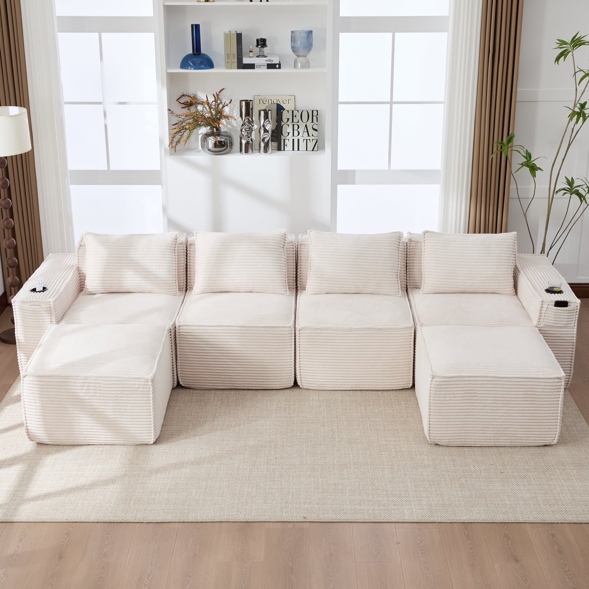 Canapé modulable avec poufs et rangements pratiques, tissu côtelé doux, idéal pour home office ou détente grâce au soutien lombaire