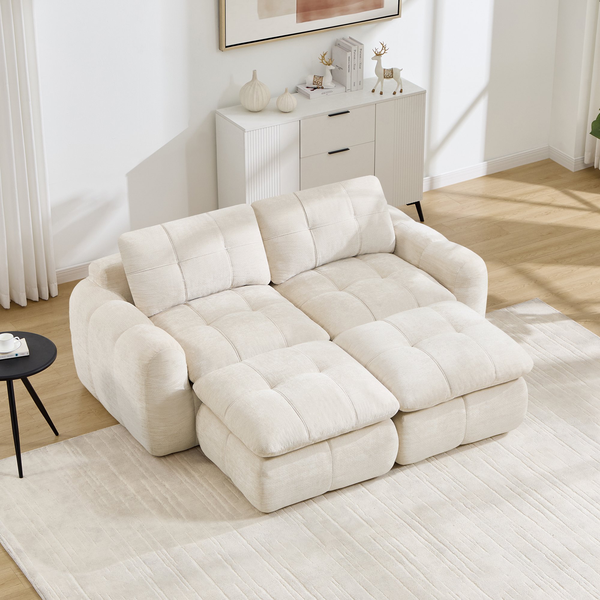 Canapé Modulable 2 Places Beige en Chenille, Design Nuage Sans Cadre avec 2 Ottomans Inclus pour Salon et Appartement