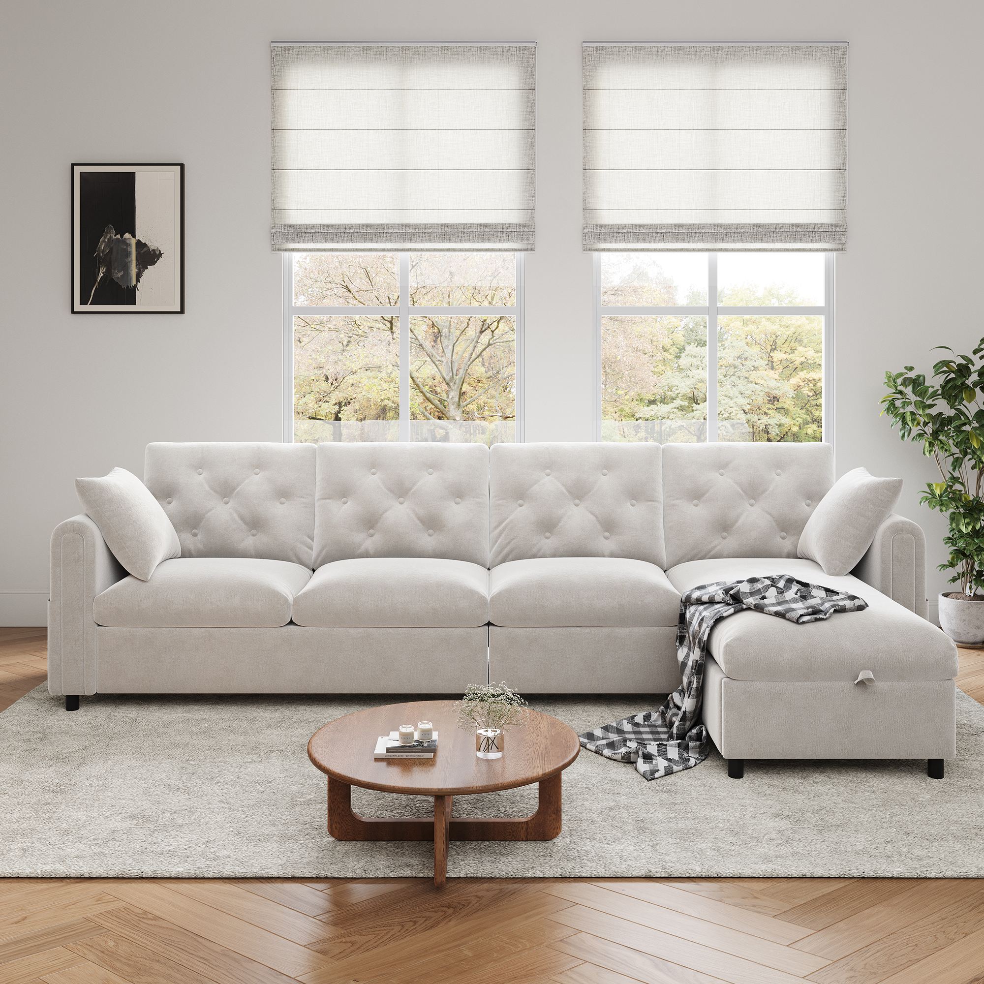 Canapé d'angle convertible beige en flanelle et polyester, structure métal et bois massif avec coffre