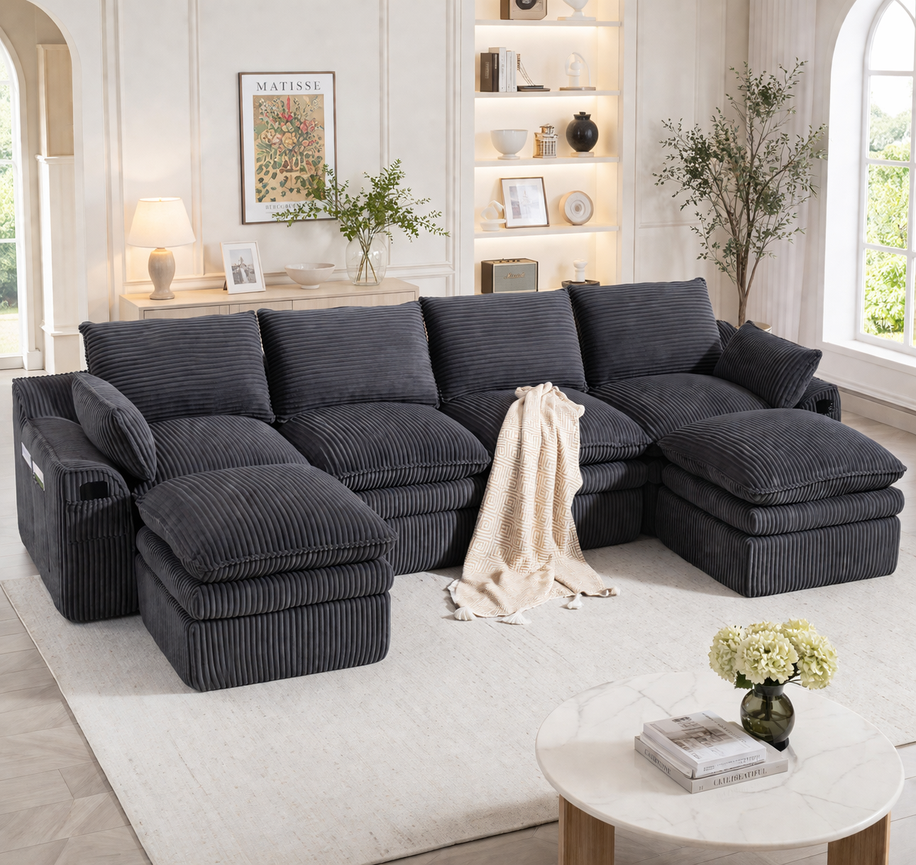 Canapé modulable 4 places sans montage avec mousse 3 couches et ressorts, gris foncé, 2 poufs inclus