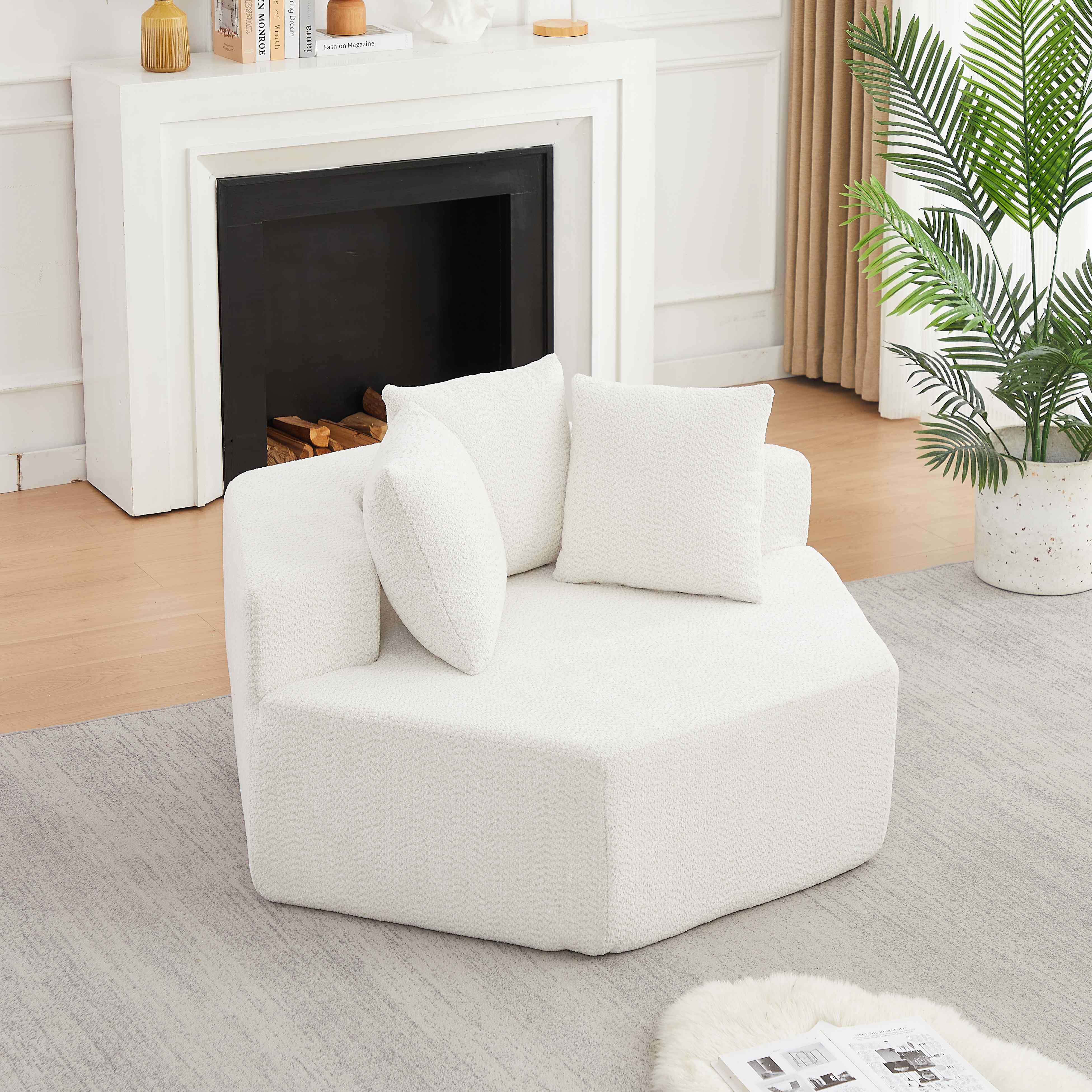 Fauteuil hexagonal 1 place en tissu chenille beige, design moderne et modularité pour le salon, confort optimal avec coussins inclus