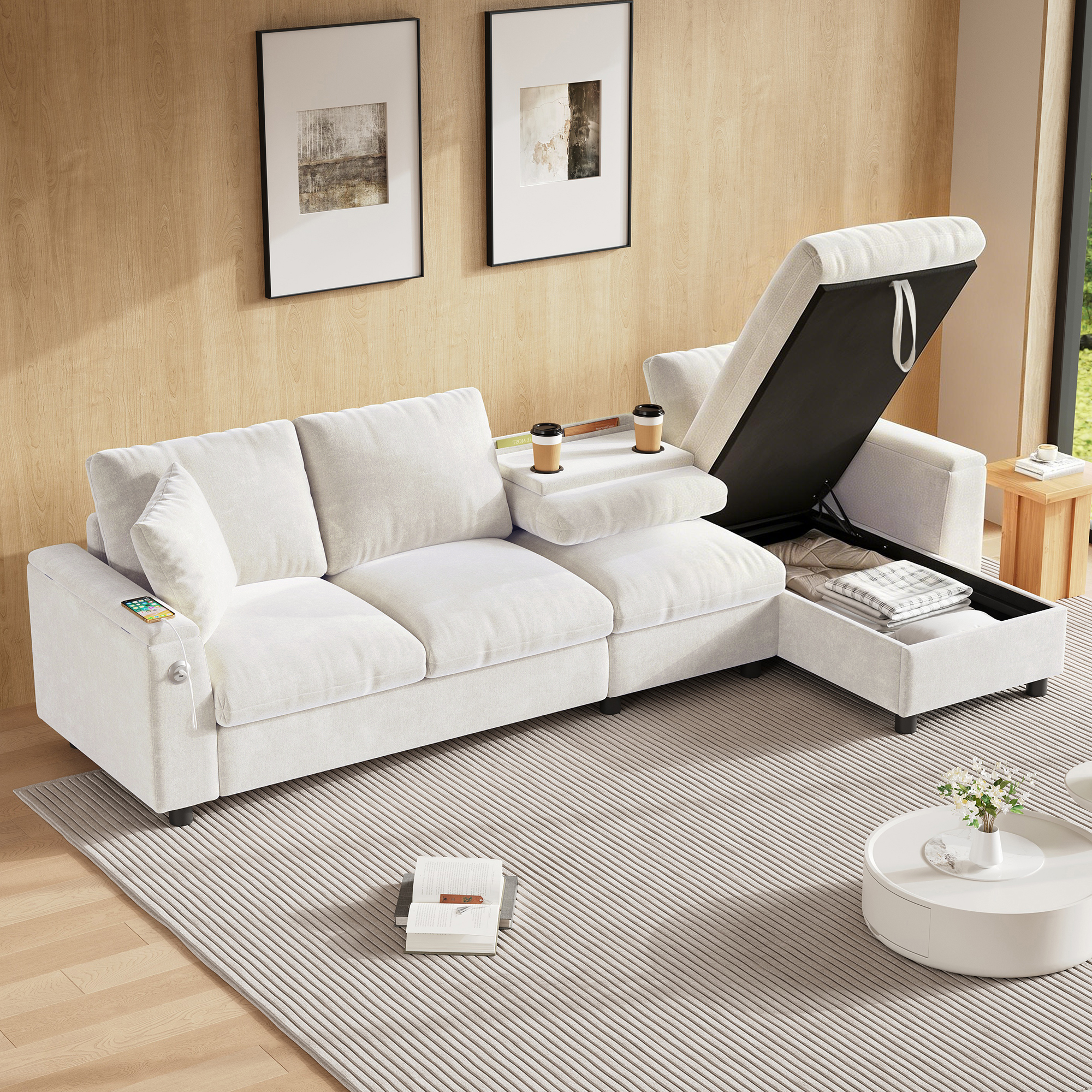 Rangement intégré sous l'assise et dans les accoudoirs
