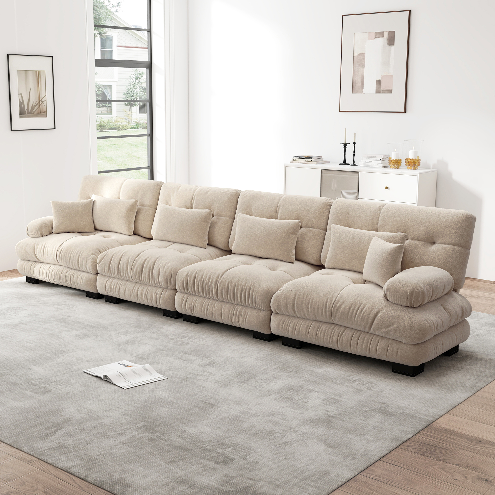 Canapé d'angle 4 places modulable avec assise profonde et coussins d'appoint pour salon ou bureau