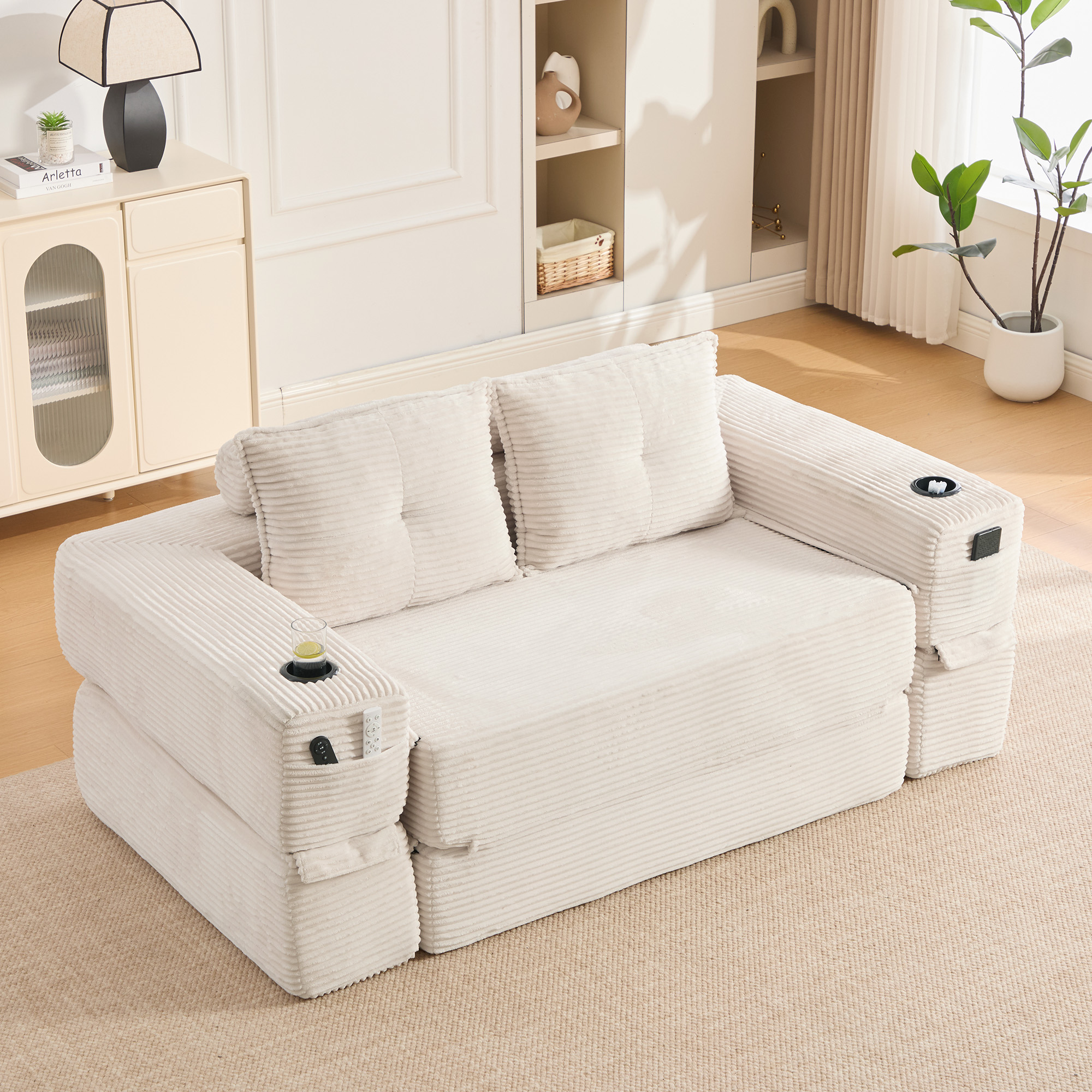 Canapé convertible 2 places en velours côtelé beige avec coffre, porte-gobelets et coussins mémoire de forme