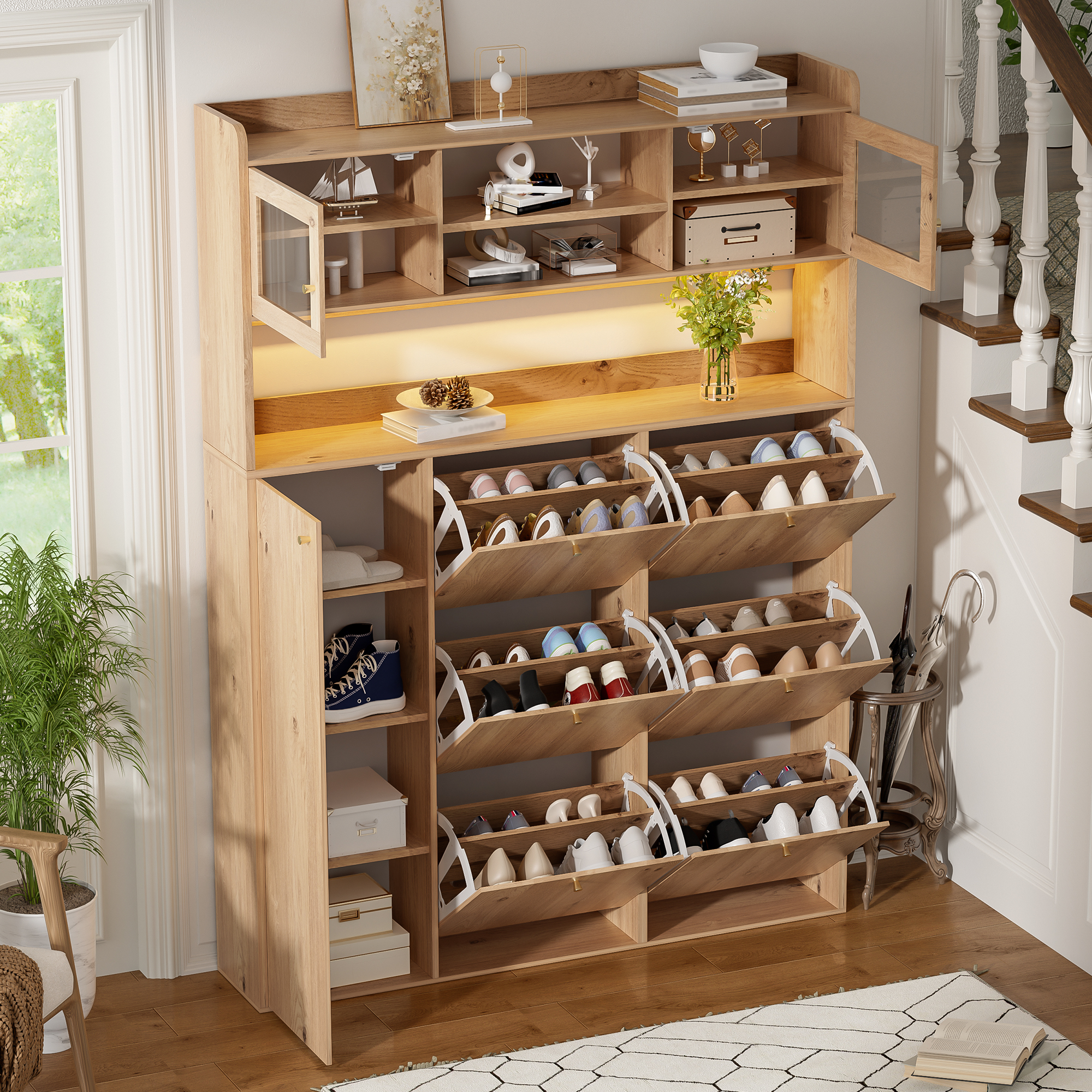Meuble à chaussures moderne avec LED et porte vitrée, 6 niveaux modulables, largeur 130 cm, couleur naturel