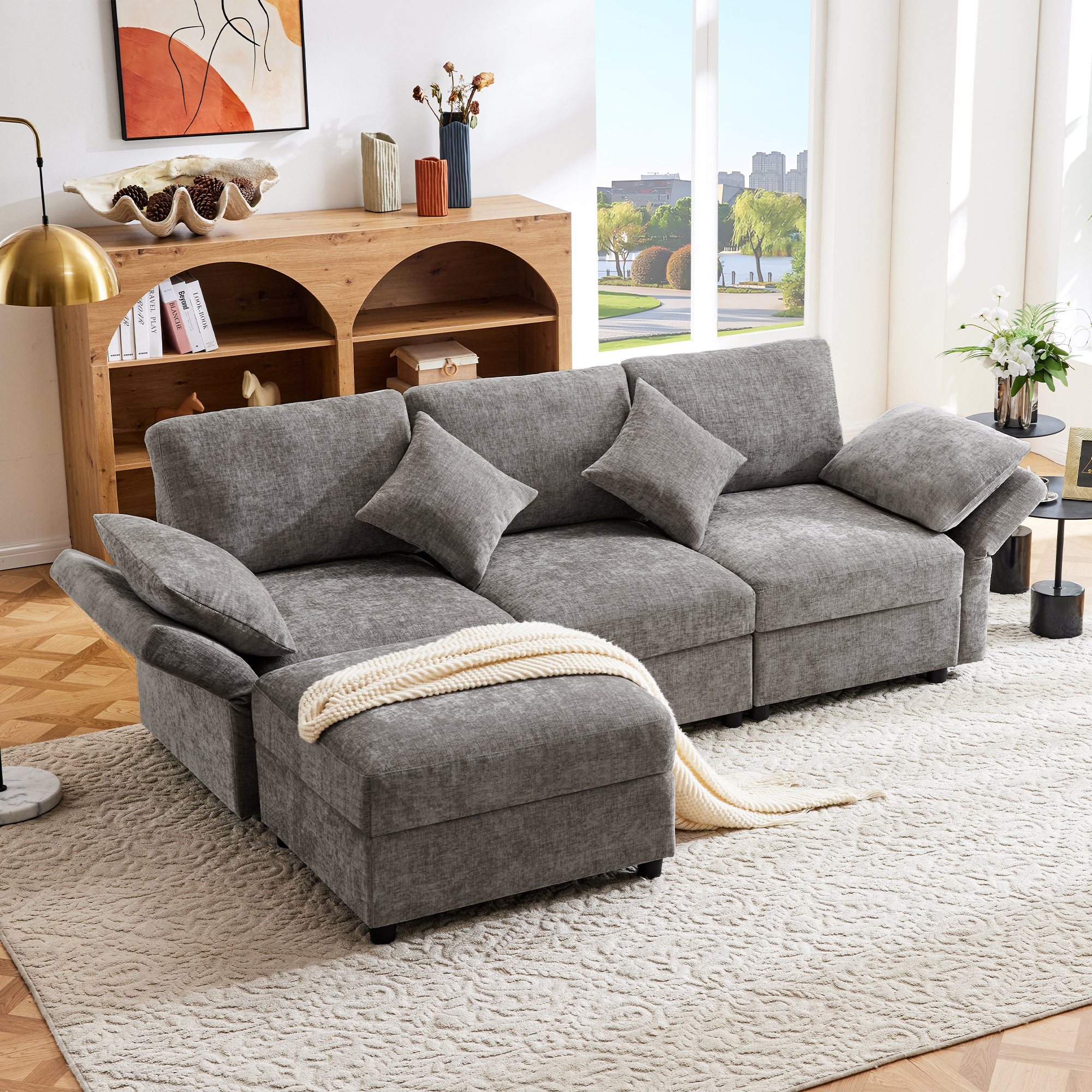Canapé d'angle 3 places en tissu chenille gris avec structure métal et assise ressorts ensachés