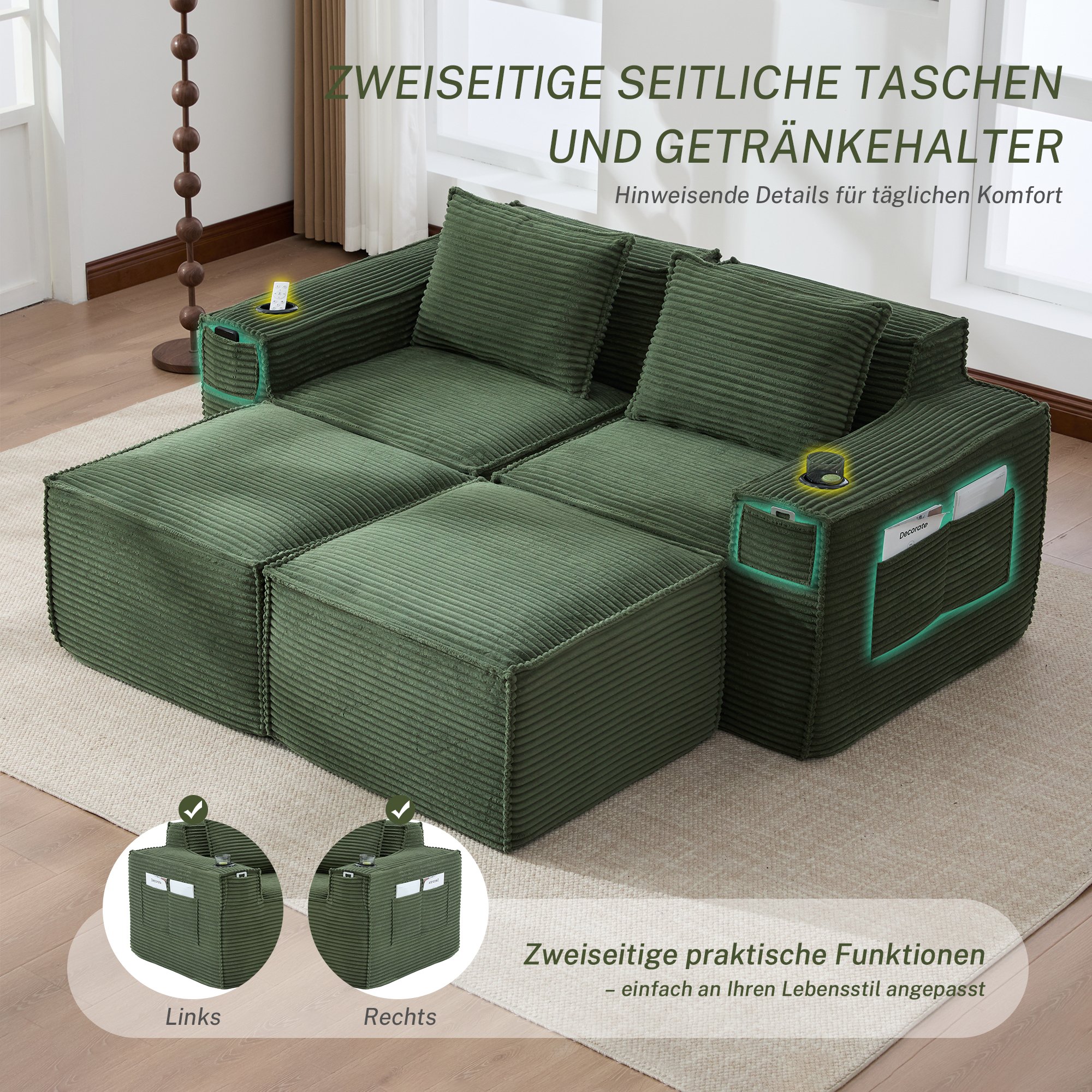 Canapé 2 places modulable vert en velours côtelé avec 2 poufs, porte-gobelets intégrés, poches latérales et coussins dorsaux fermes pour salon