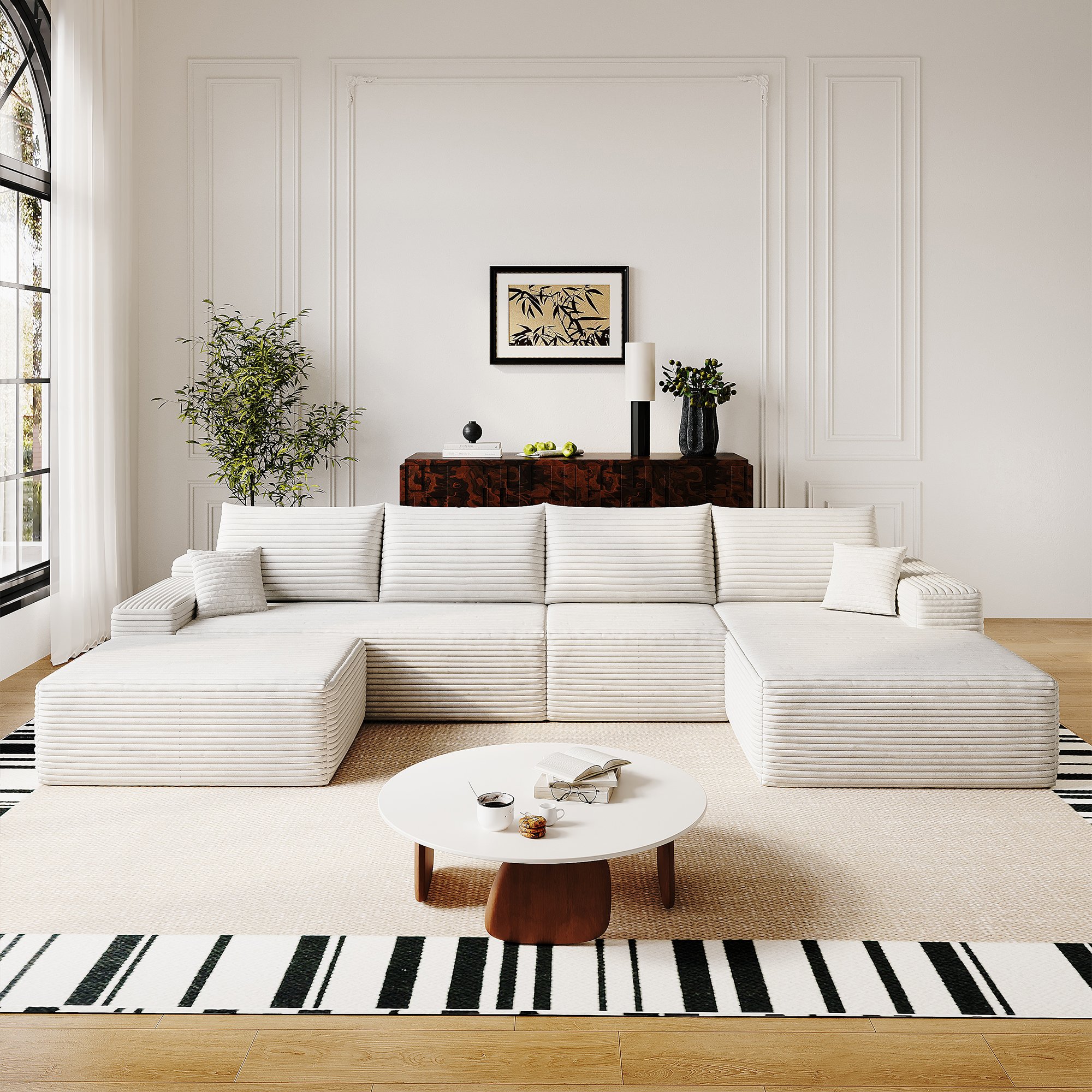 Canapé d'angle blanc 340x175 cm en tissu velours côtelé, structure modulaire avec méridienne et assise profonde pour salon