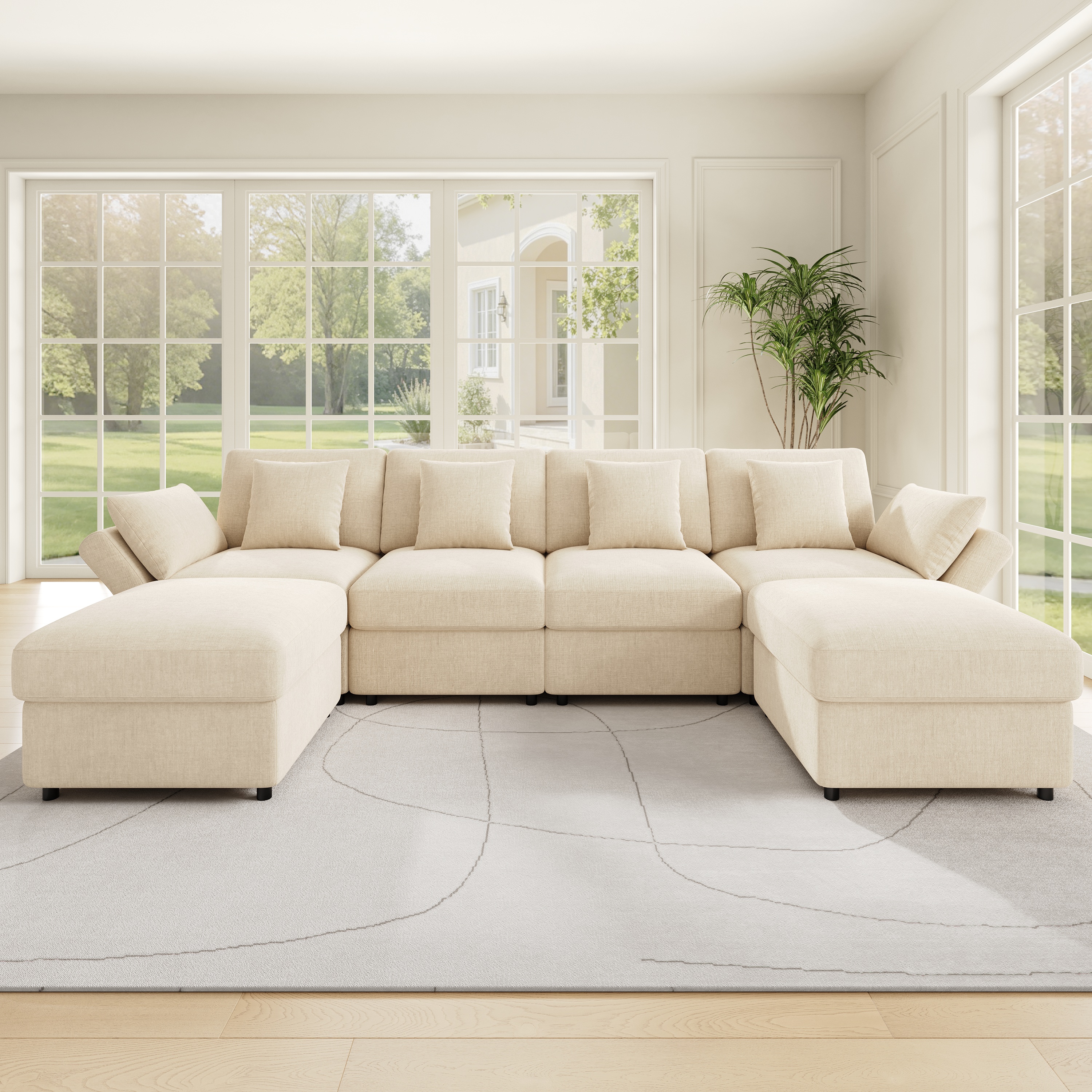Canapé d'angle 4 à 6 places avec accoudoirs réglables 90 120 180° et 2 poufs mobiles en chenille beige