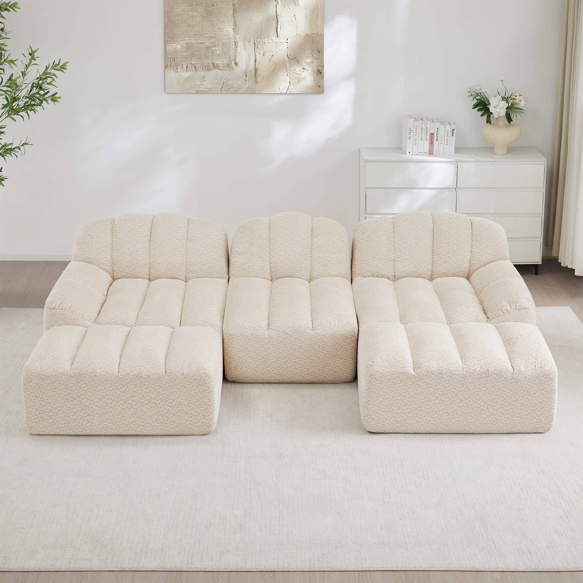 Canapé Modulable 3 Places En Tissu Granuleux Beige Blanc, Structure Panoramique Sans Dossier Avec Mousse Haute Densité Et 2 Ottomans