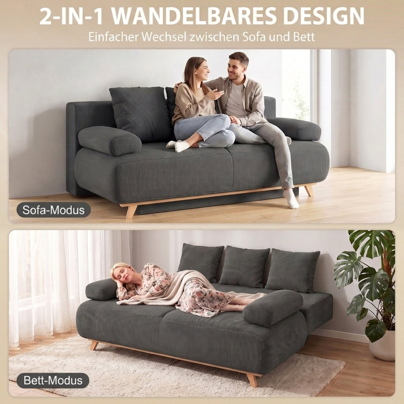 Grand canapé-lit 3 places dimensions 188x100x84 cm, se transforme en lit simple 188x140 cm avec espace de stockage sous l'assise