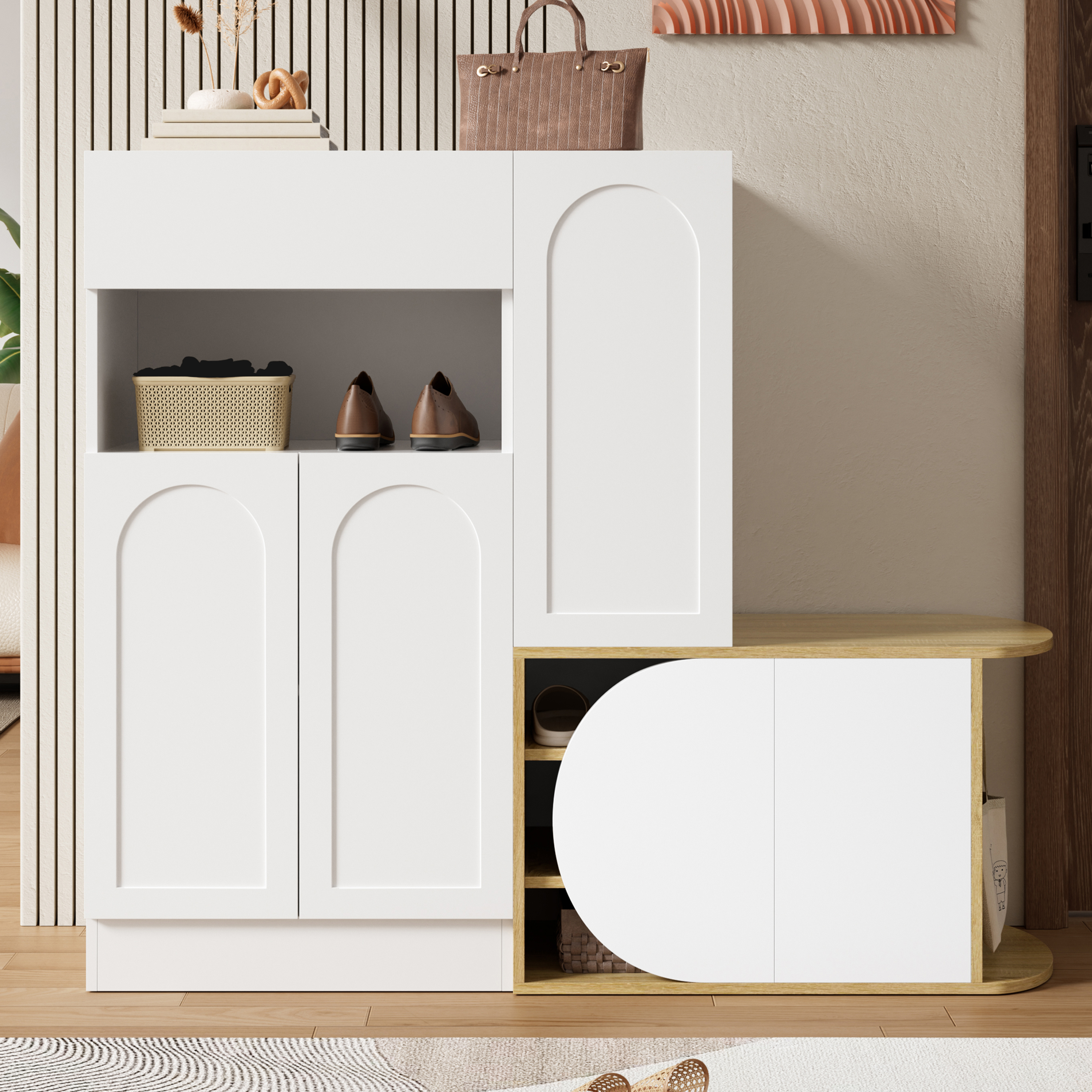 Meuble à chaussures avec banc intégré, 5 portes et tiroir, rangement hall entrée spacieux, Panneau composite de fibres de bois à densité Blanc bois, 130x35x110,5 cm